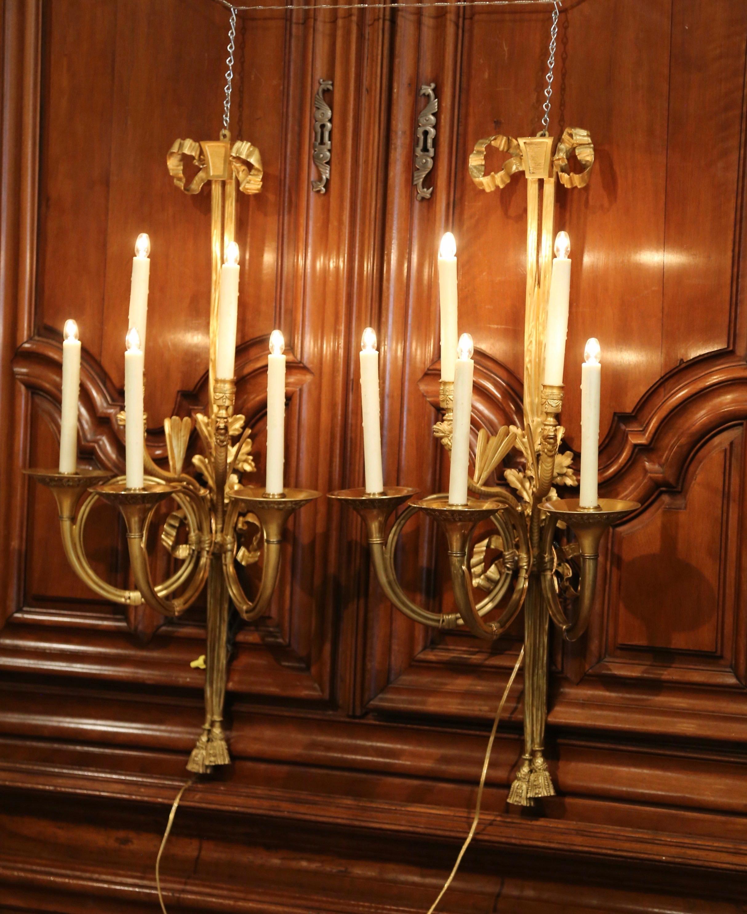 Pair of 19th Century French Louis XVI Bronze Dore Five-Light Wall Sconces For Sale 7