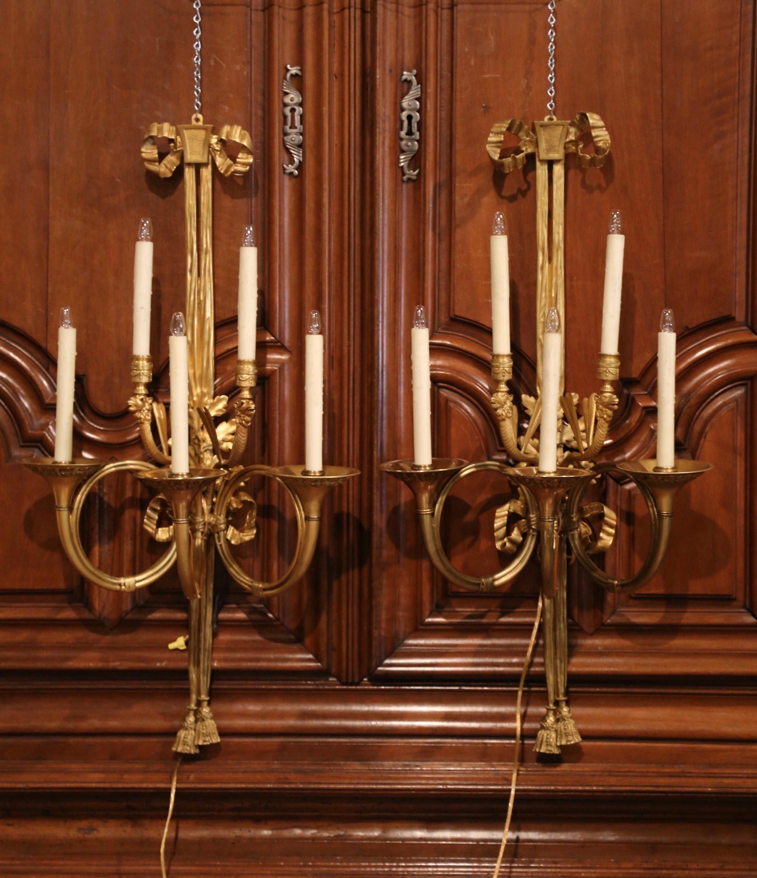 Pair of 19th Century French Louis XVI Bronze Dore Five-Light Wall Sconces In Excellent Condition For Sale In Dallas, TX