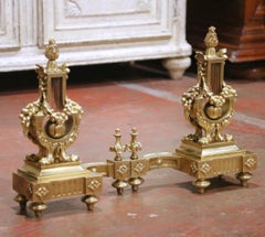 Pair of 19th Century French Louis XVI Bronze Lyre Form Chenets Andirons