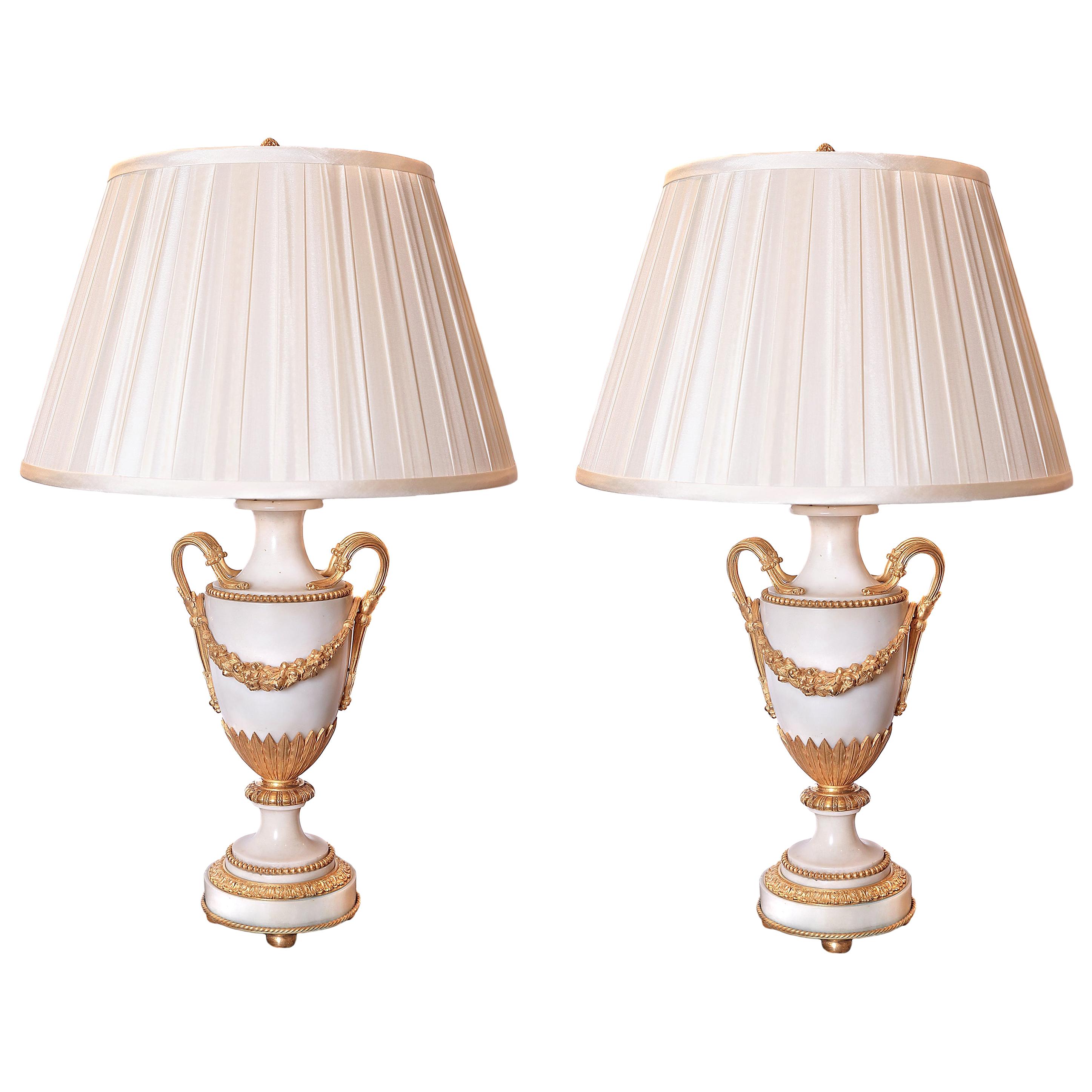 Pair of 19th Century French Louis XVI Carrara Marble and Gilt Bronze Lamps