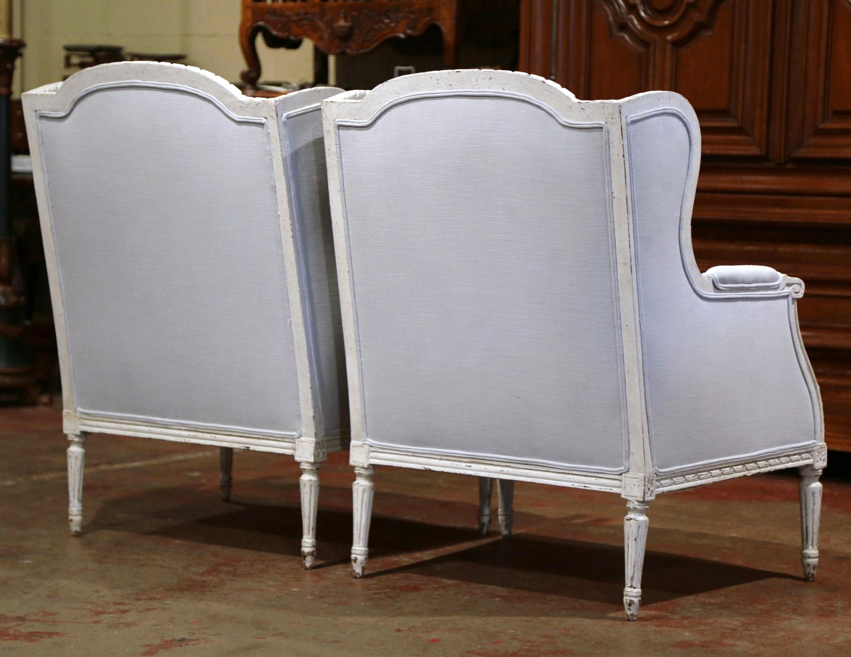 Pair of 19th Century French Louis XVI Carved and Blue Grey Painted Armchairs 5