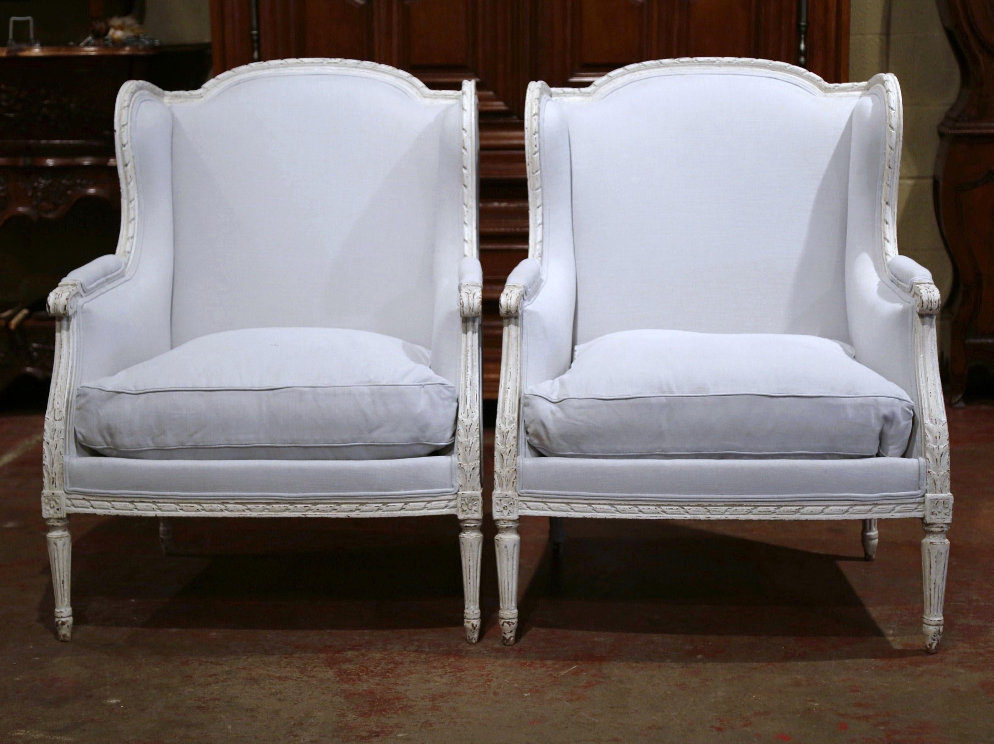 Hand-Carved Pair of 19th Century French Louis XVI Carved and Blue Grey Painted Armchairs