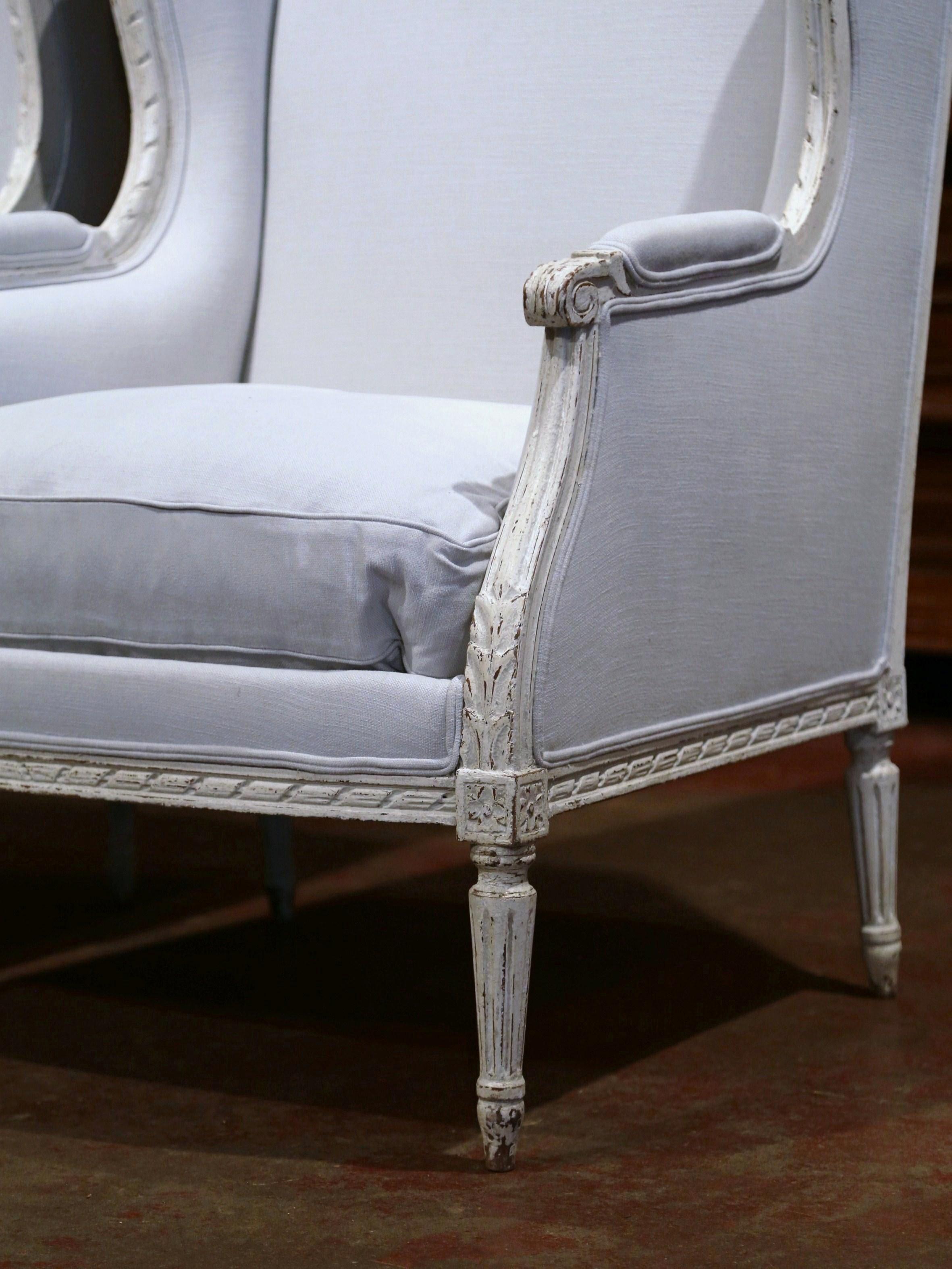 Pair of 19th Century French Louis XVI Carved and Blue Grey Painted Armchairs In Excellent Condition In Dallas, TX