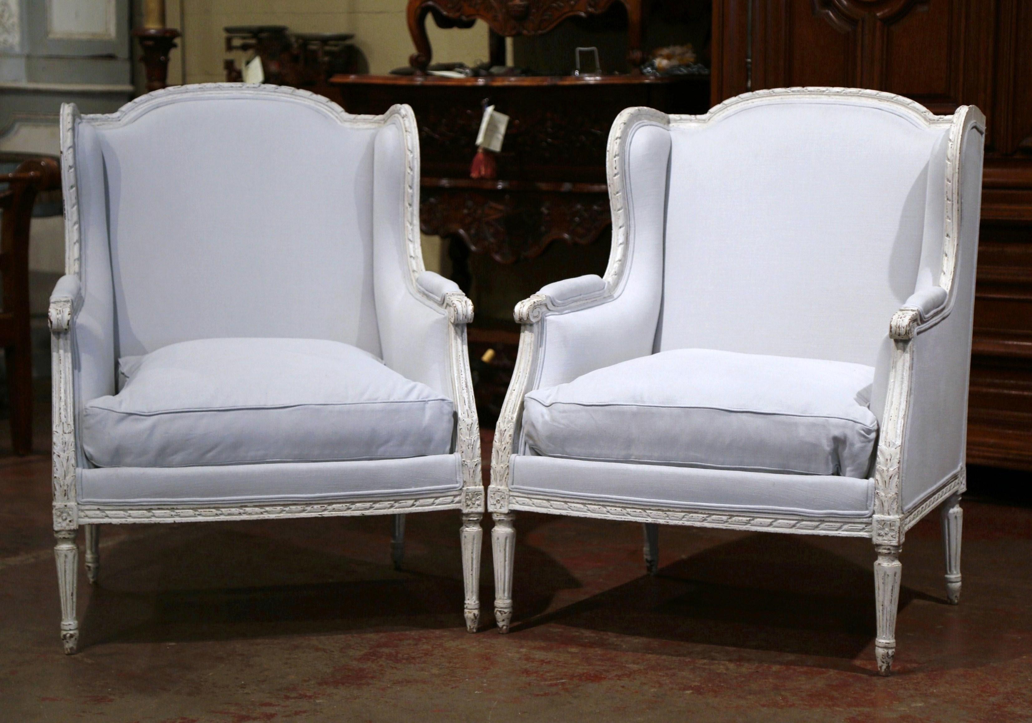 Pair of 19th Century French Louis XVI Carved and Blue Grey Painted Armchairs 1