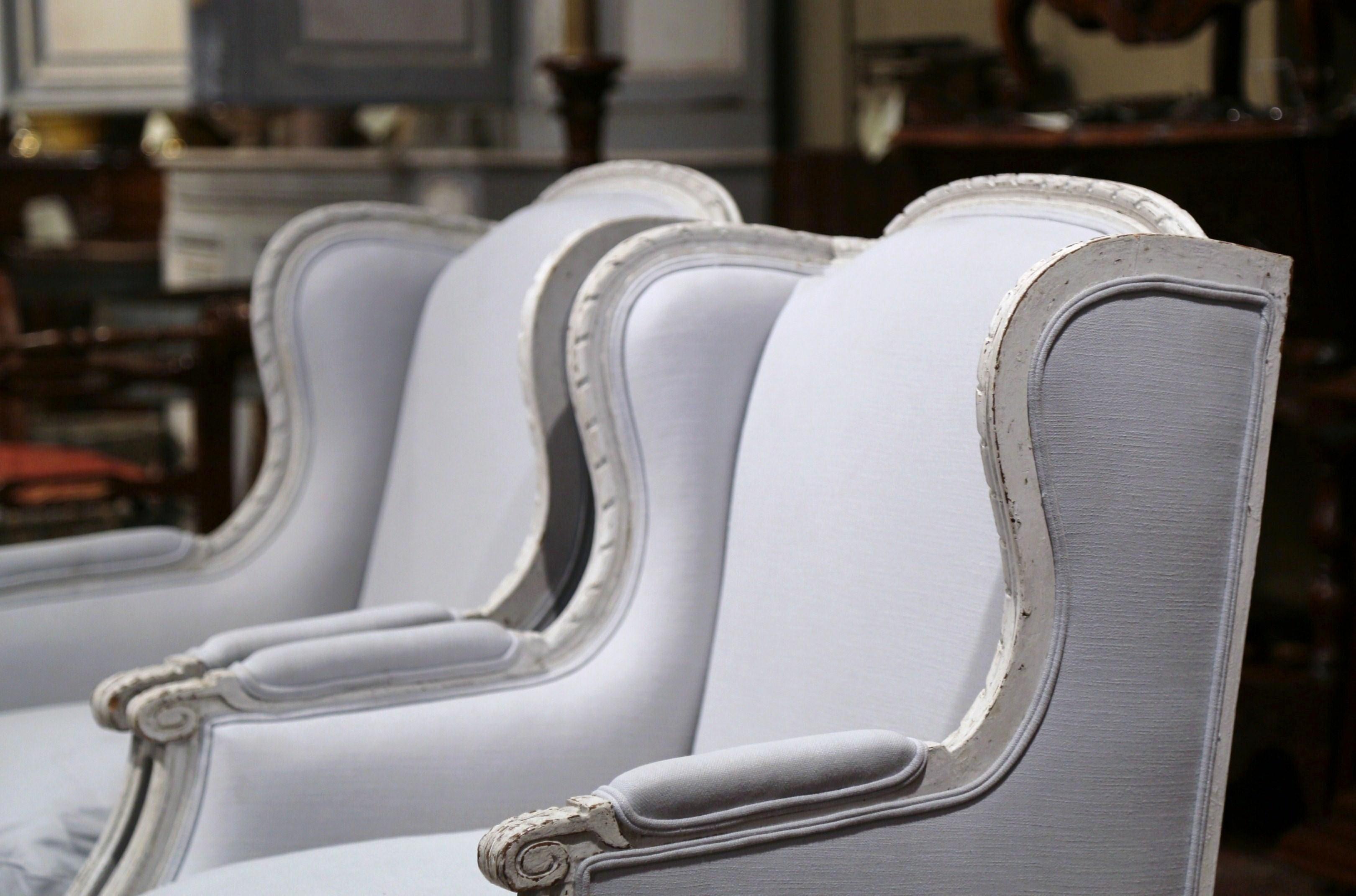 Pair of 19th Century French Louis XVI Carved and Blue Grey Painted Armchairs 3