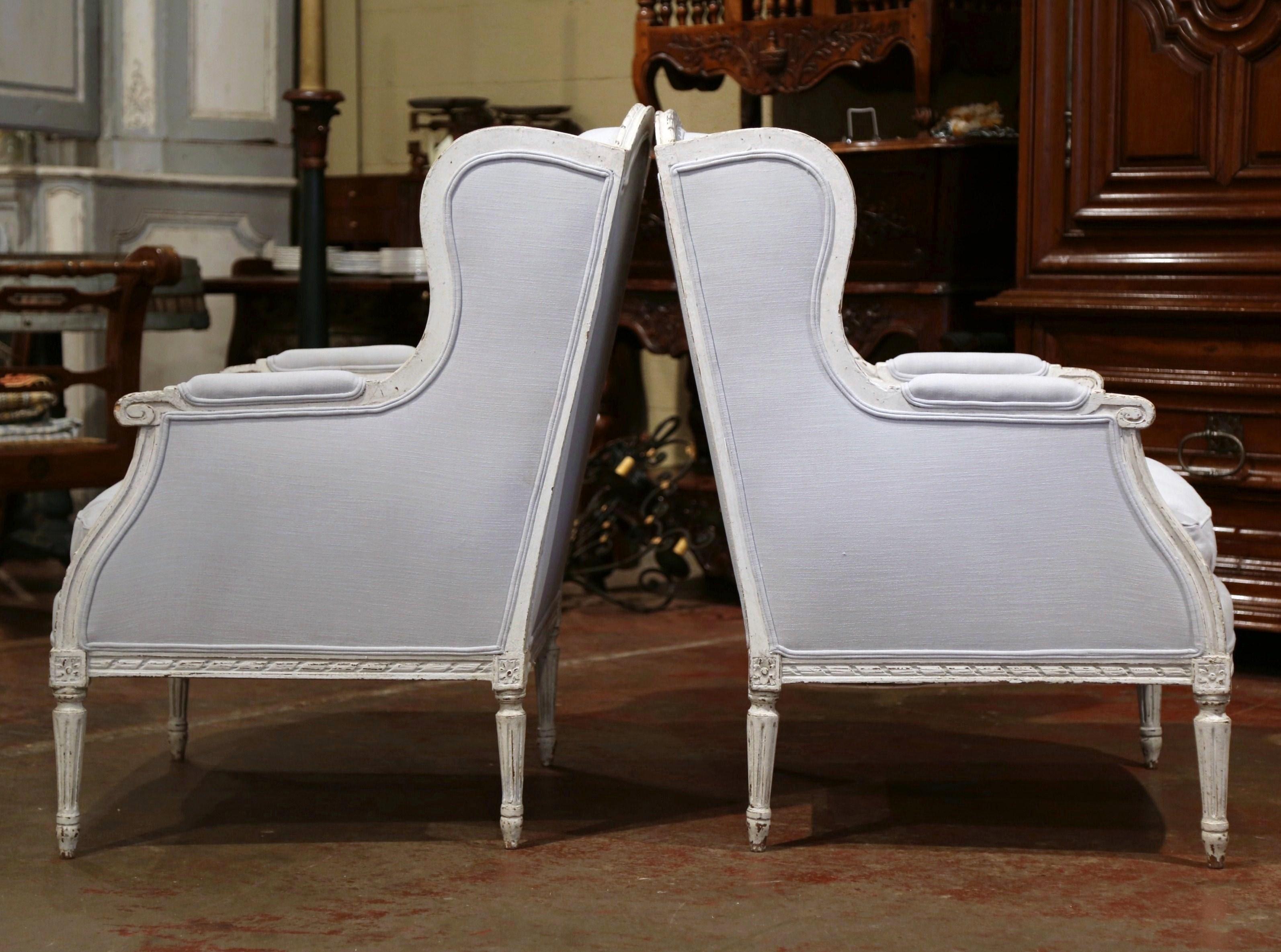 Pair of 19th Century French Louis XVI Carved and Blue Grey Painted Armchairs 4
