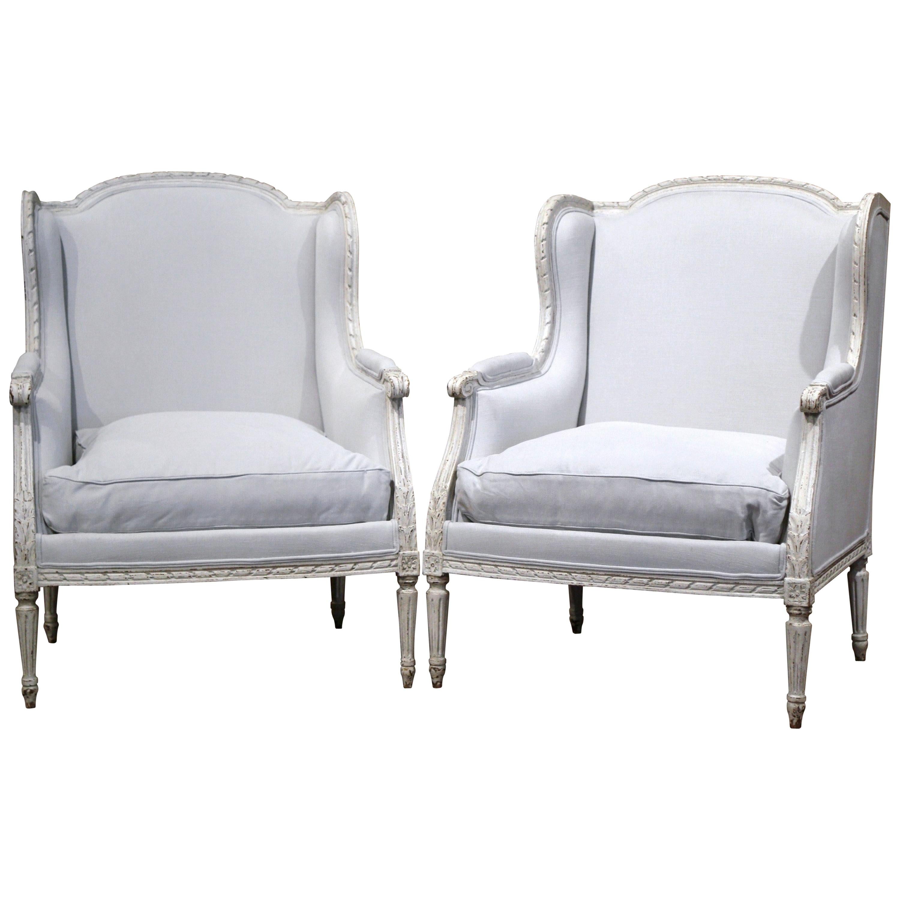 Pair of 19th Century French Louis XVI Carved and Blue Grey Painted Armchairs