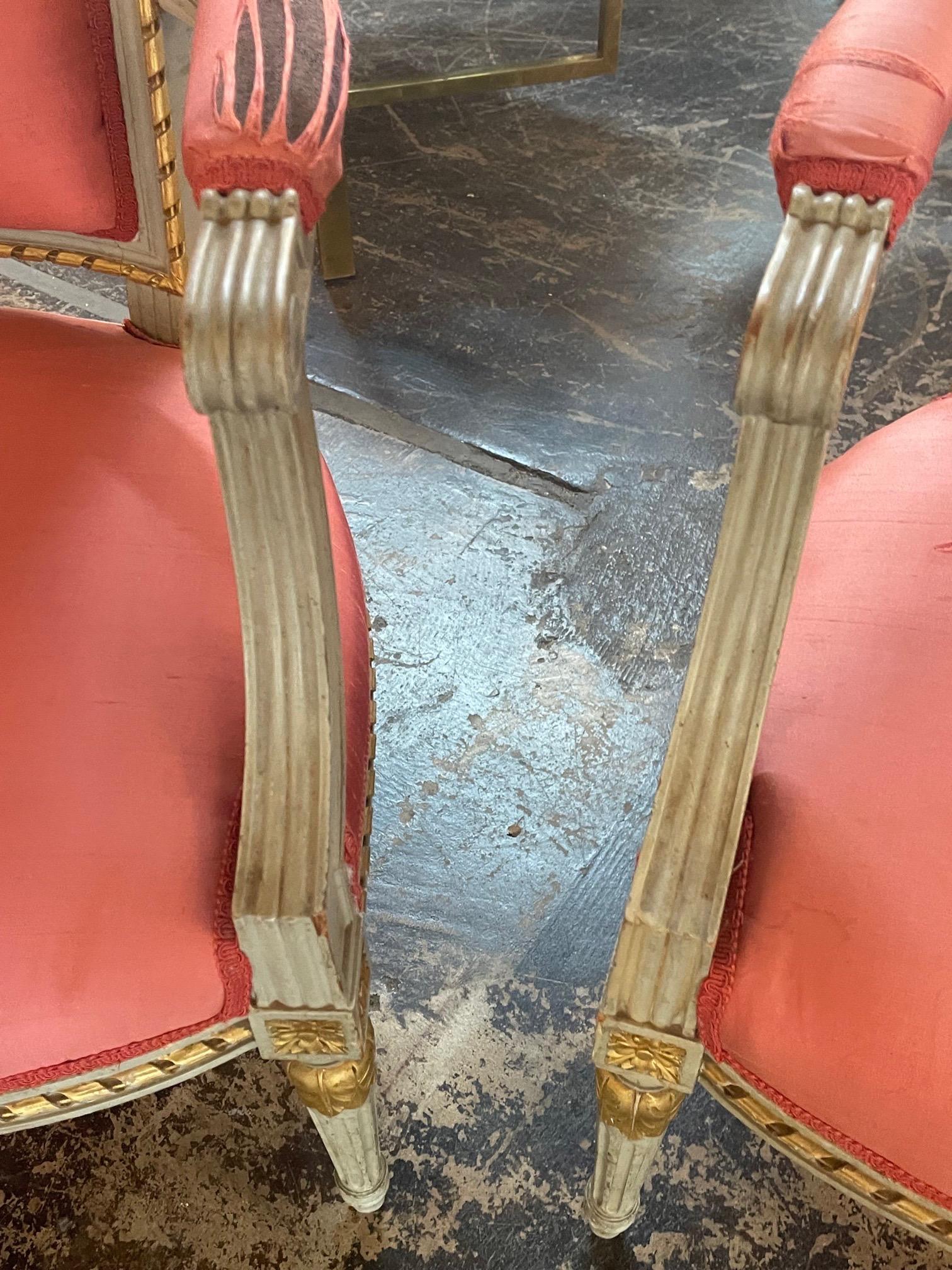 Pair of 19th Century French Louis XVI Carved and Painted Armchairs 1