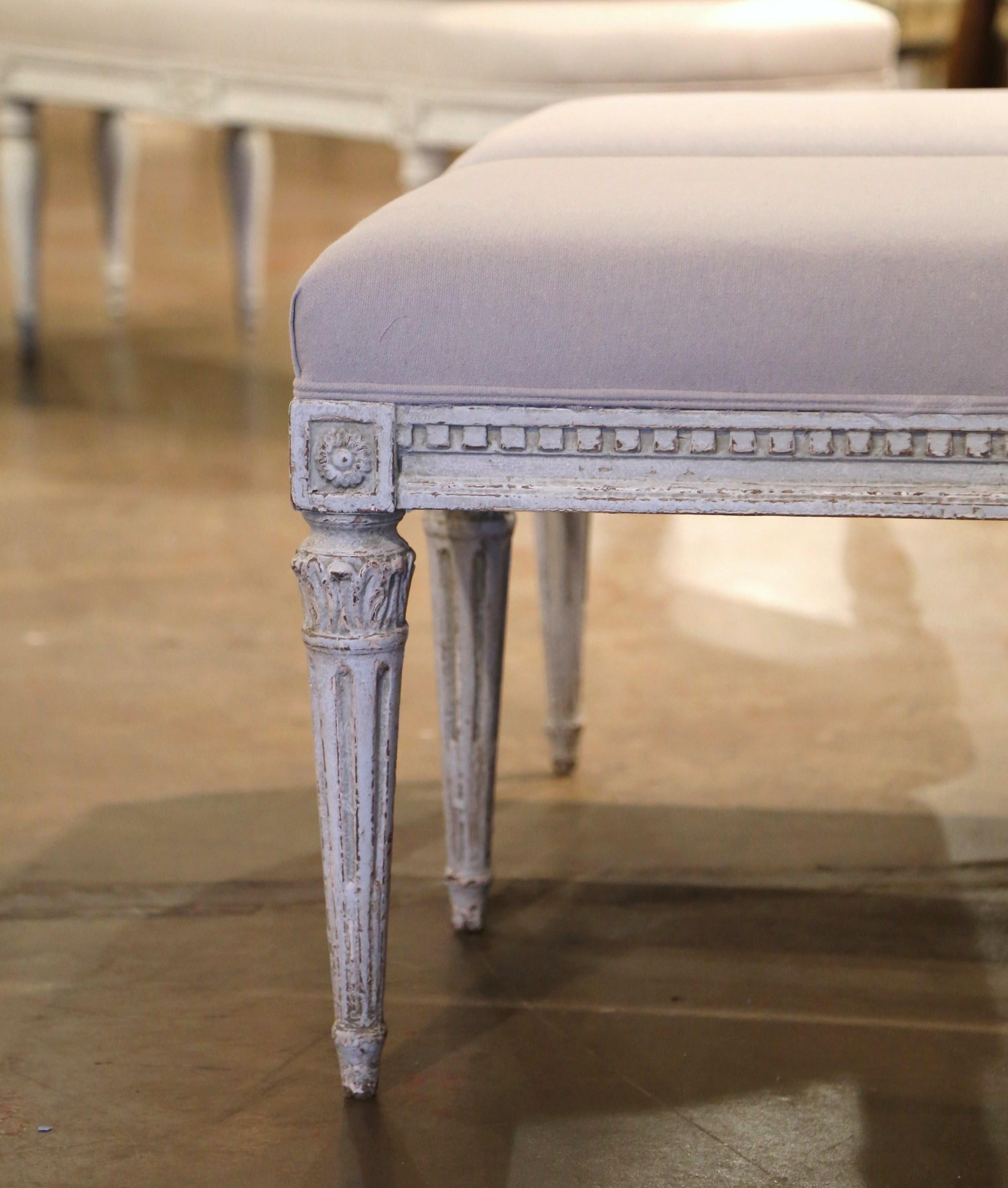 Hand-Carved Pair of 19th Century French Louis XVI Carved and Painted Six-Leg Benches