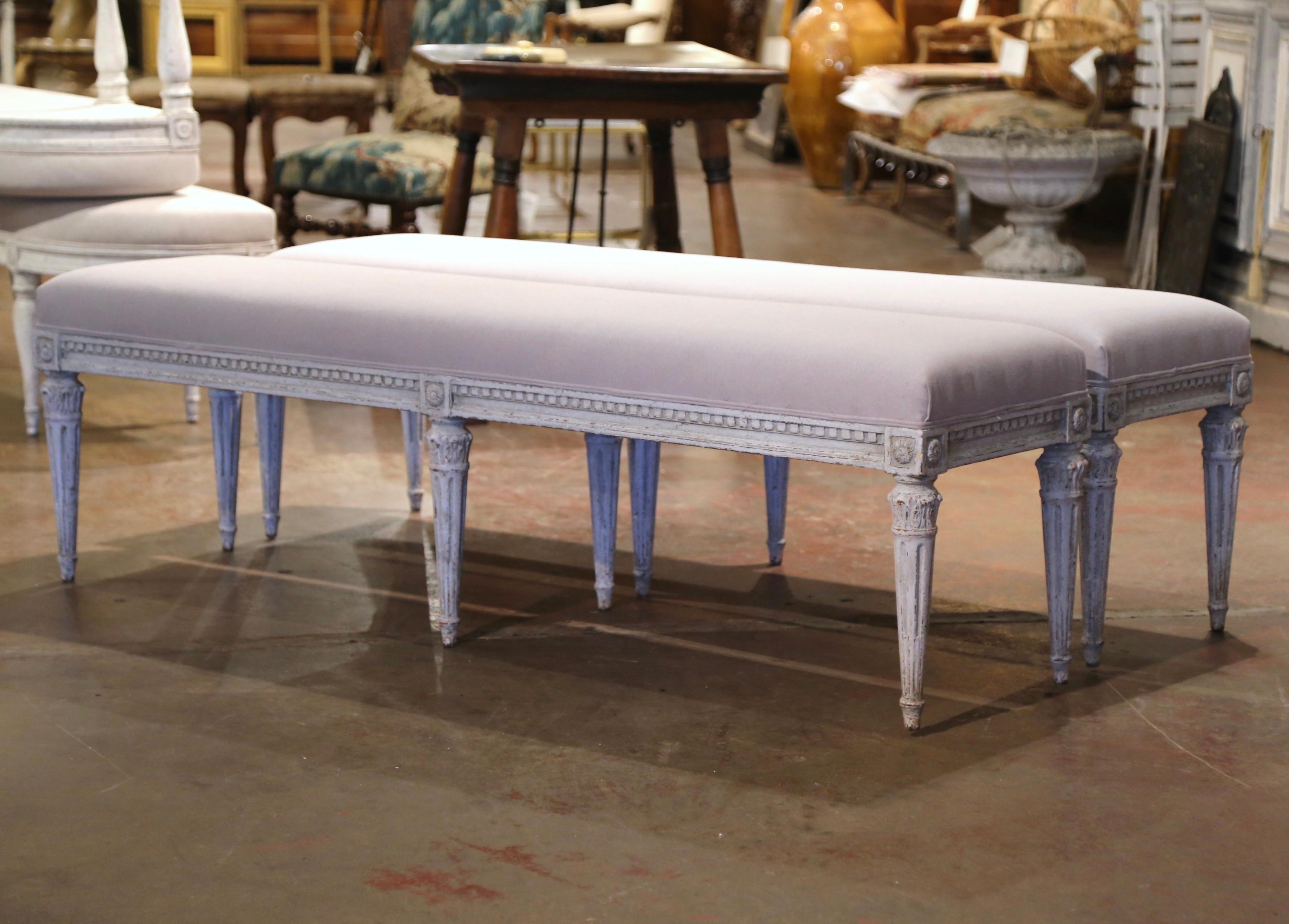 Pair of 19th Century French Louis XVI Carved and Painted Six-Leg Benches In Excellent Condition In Dallas, TX