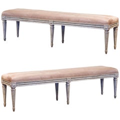 Pair of 19th Century French Louis XVI Carved and Painted Six-Leg Benches