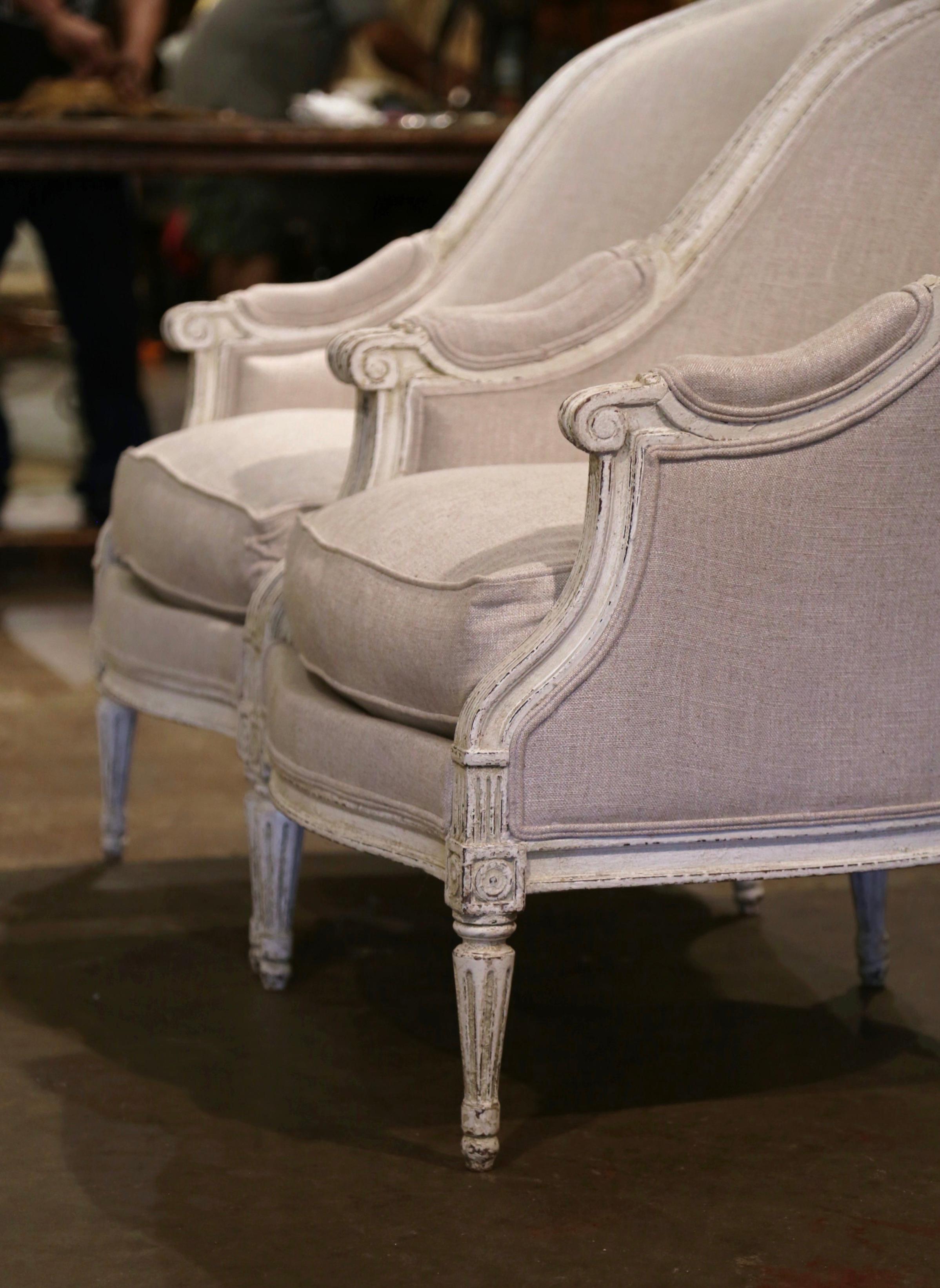 Pair of 19th Century French Louis XVI Carved and Painted Upholstered Armchairs In Excellent Condition For Sale In Dallas, TX