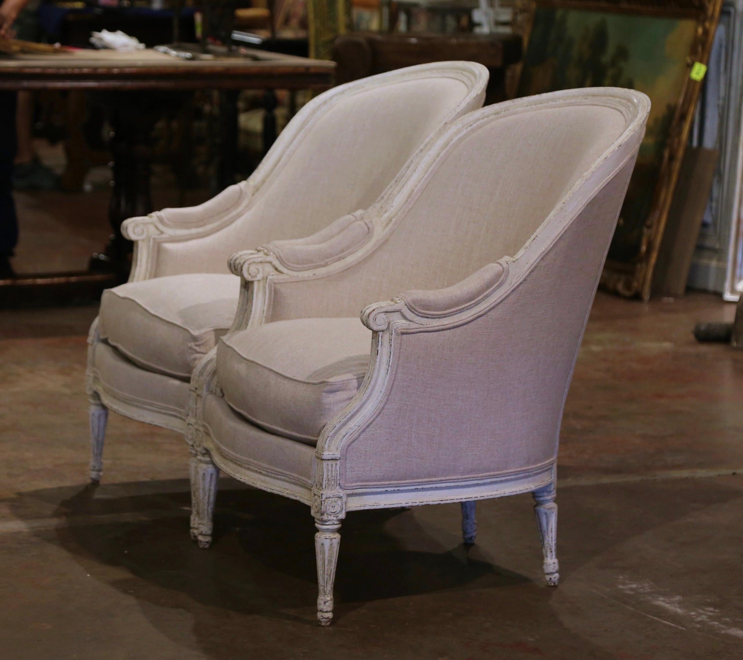 Pair of 19th Century French Louis XVI Carved and Painted Upholstered Armchairs For Sale 1
