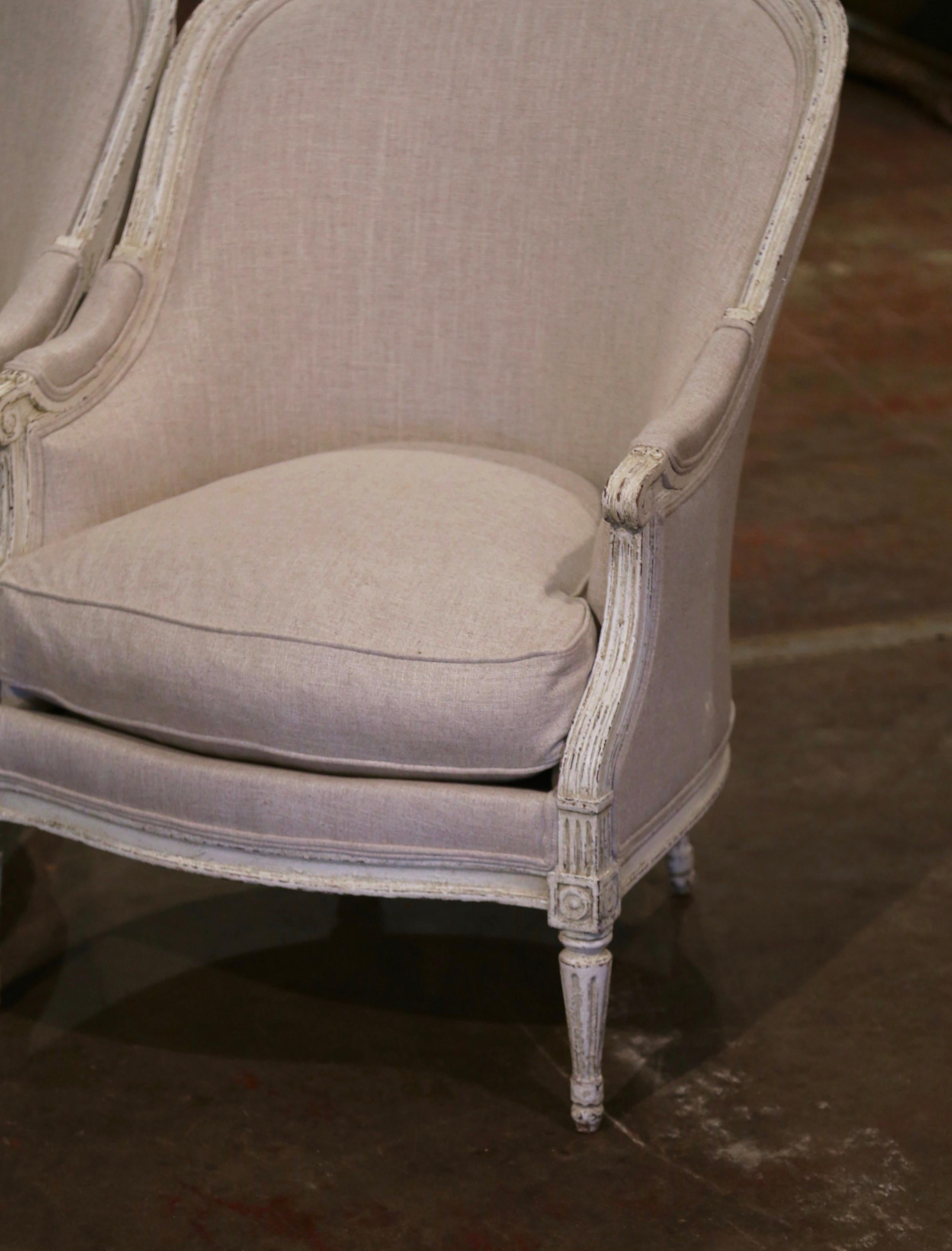 Pair of 19th Century French Louis XVI Carved and Painted Upholstered Armchairs For Sale 2