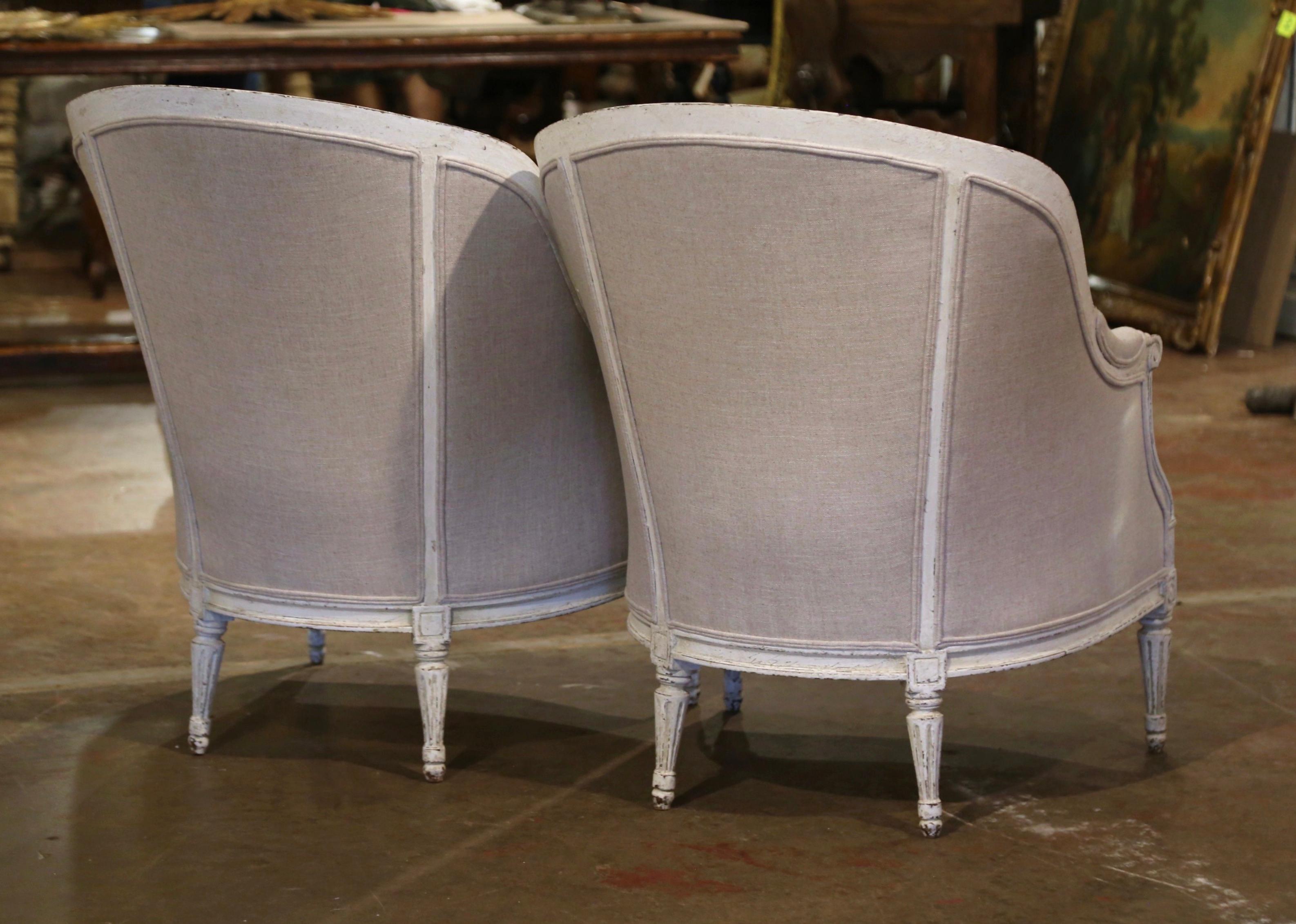 Pair of 19th Century French Louis XVI Carved and Painted Upholstered Armchairs For Sale 3