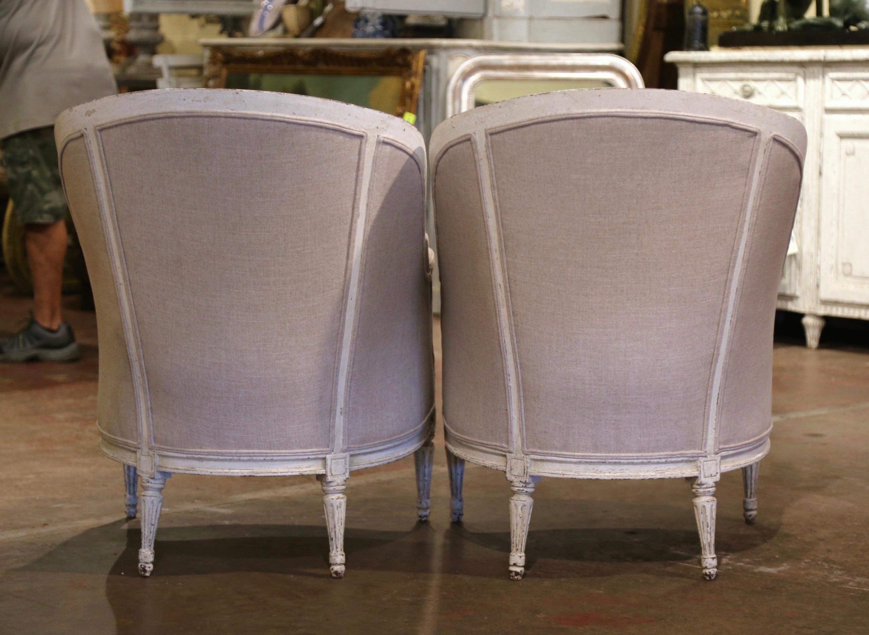 Pair of 19th Century French Louis XVI Carved and Painted Upholstered Armchairs For Sale 4