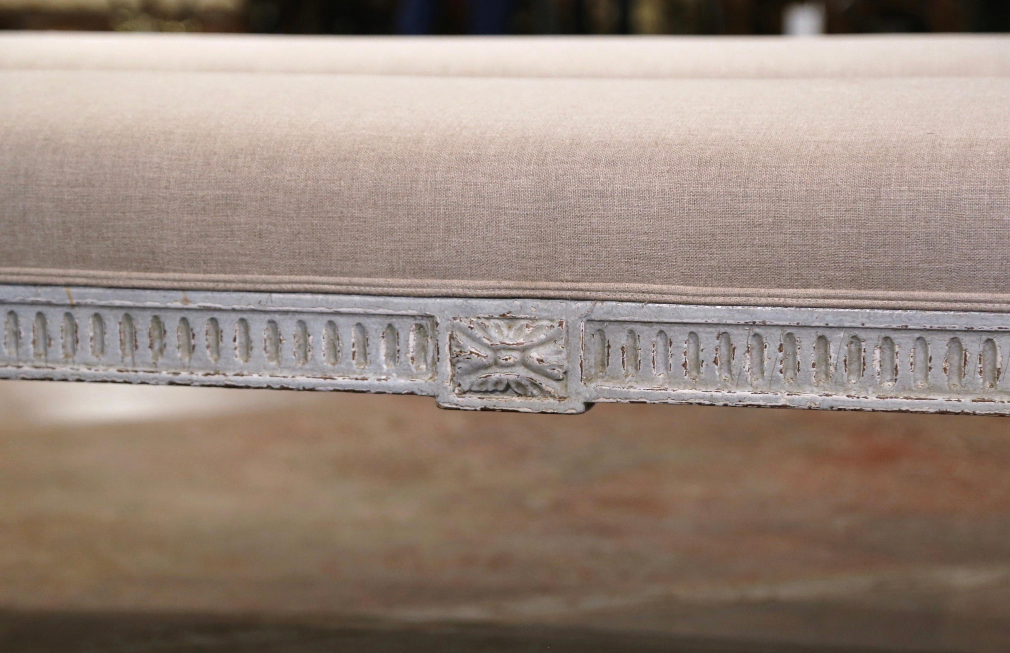 Hand-Carved Pair of 19th Century French Louis XVI Carved and Painted Upholstered Benches