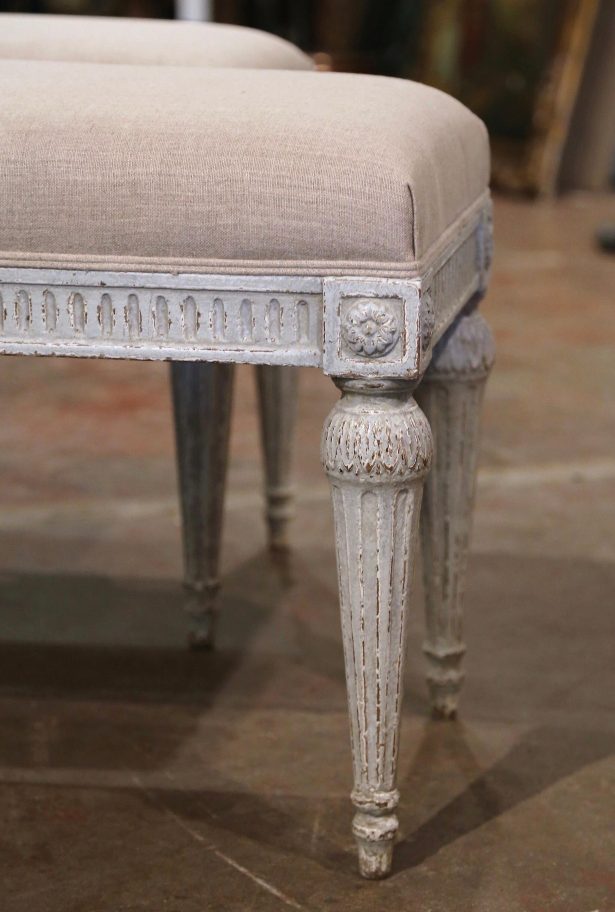 Pair of 19th Century French Louis XVI Carved and Painted Upholstered Benches In Excellent Condition In Dallas, TX