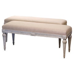 Pair of 19th Century French Louis XVI Carved and Painted Upholstered Benches