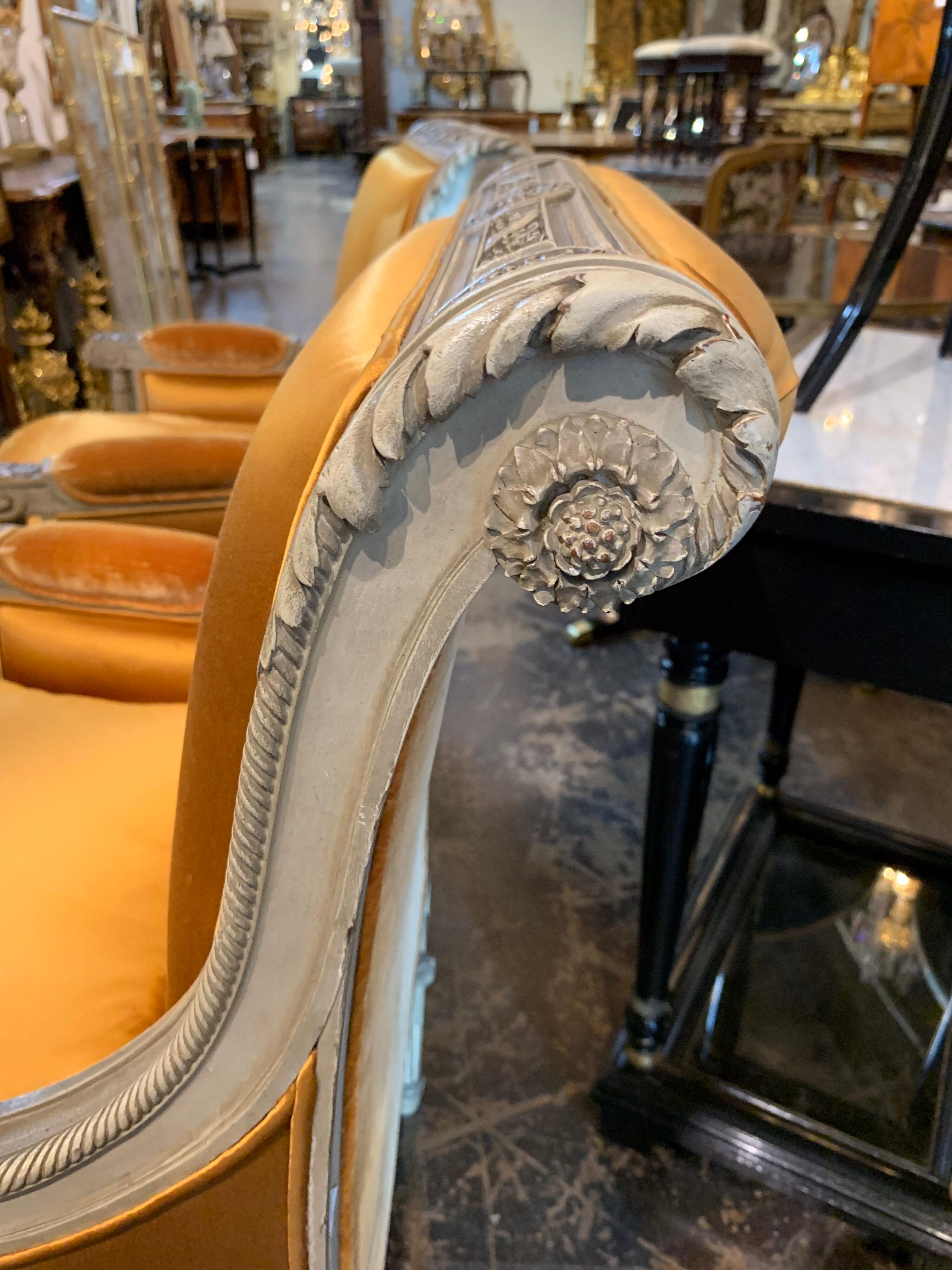 Lacquered Pair of 19th Century French Louis XVI Carved Armchairs with Silk Upholstery