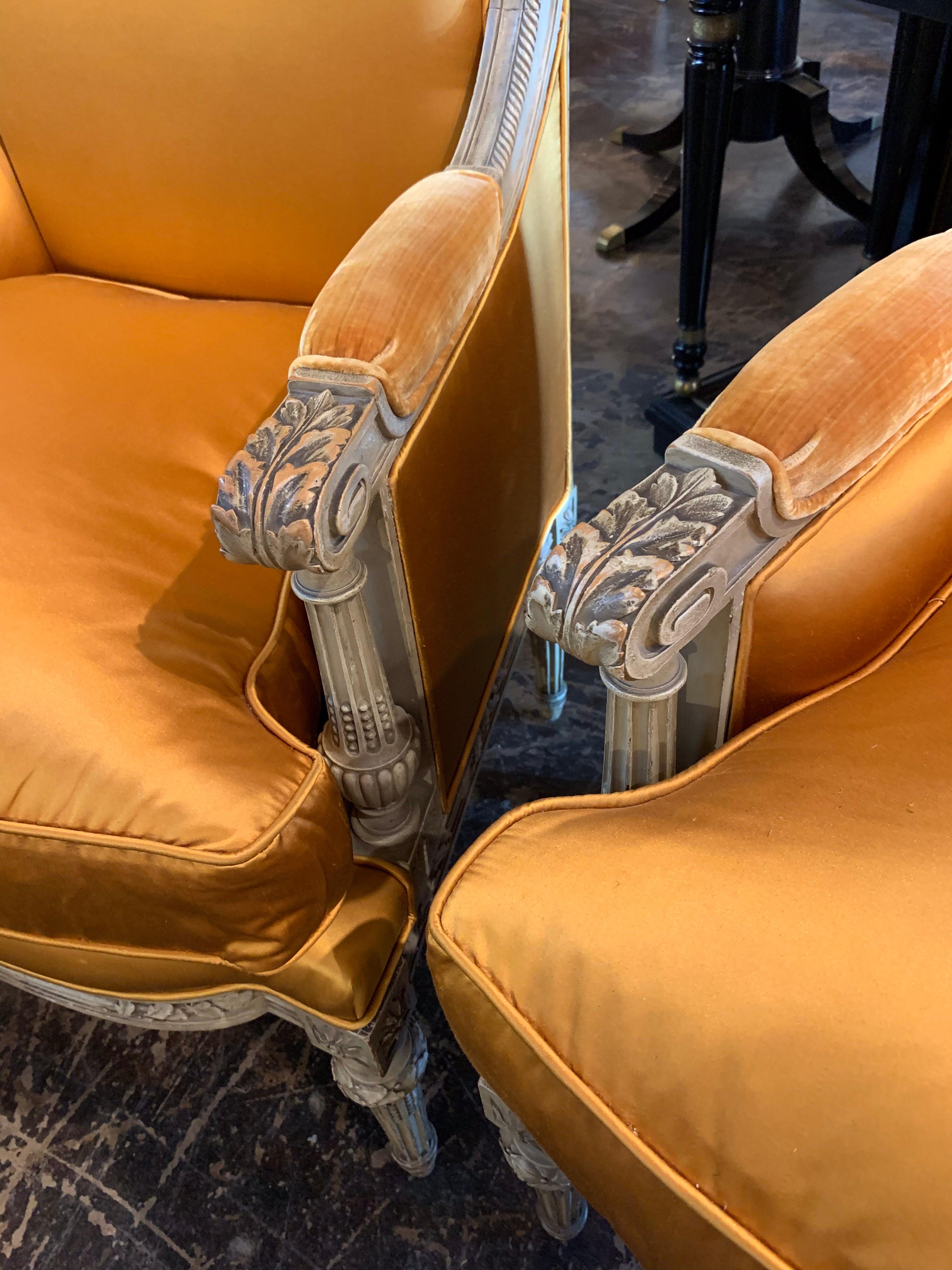 Pair of 19th Century French Louis XVI Carved Armchairs with Silk Upholstery In Good Condition In Dallas, TX