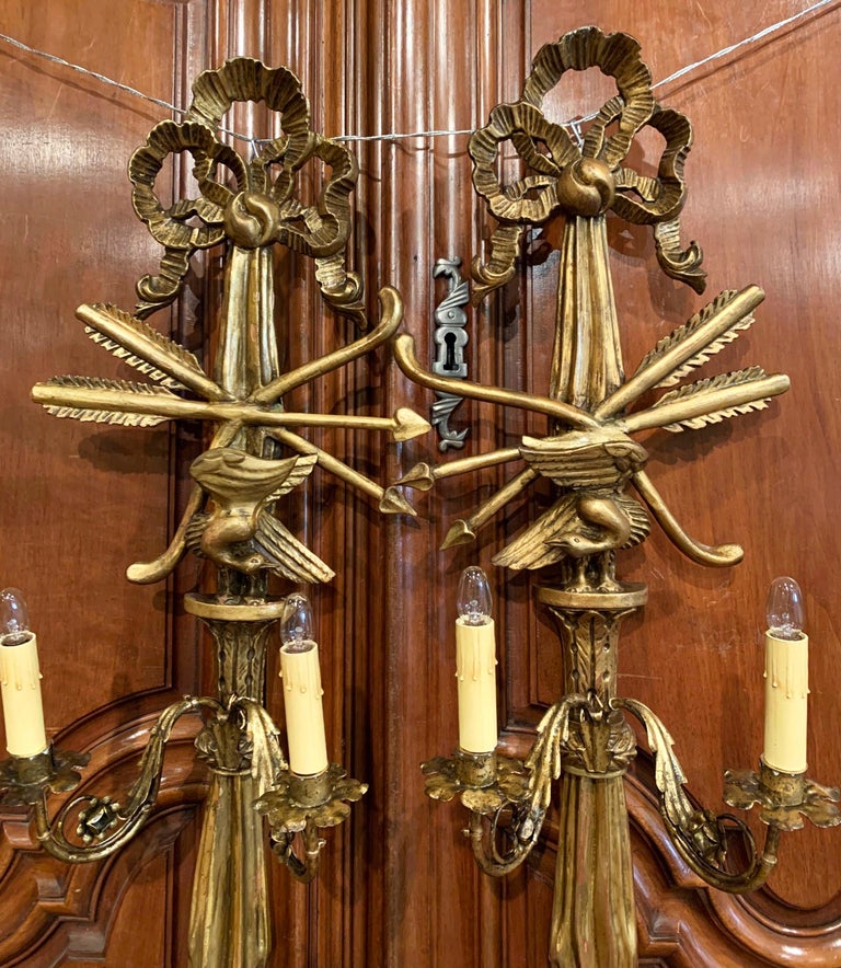 Pair of 19th Century French Louis XVI Carved Giltwood Two-Light Sconces ...