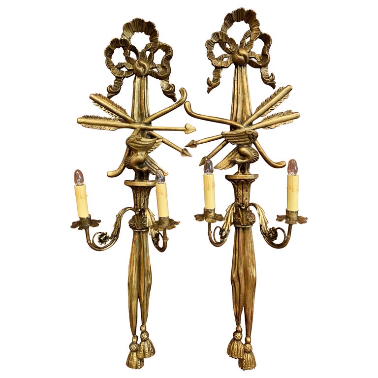 Pair of 19th Century French Louis XVI Carved Giltwood Two-Light Sconces ...