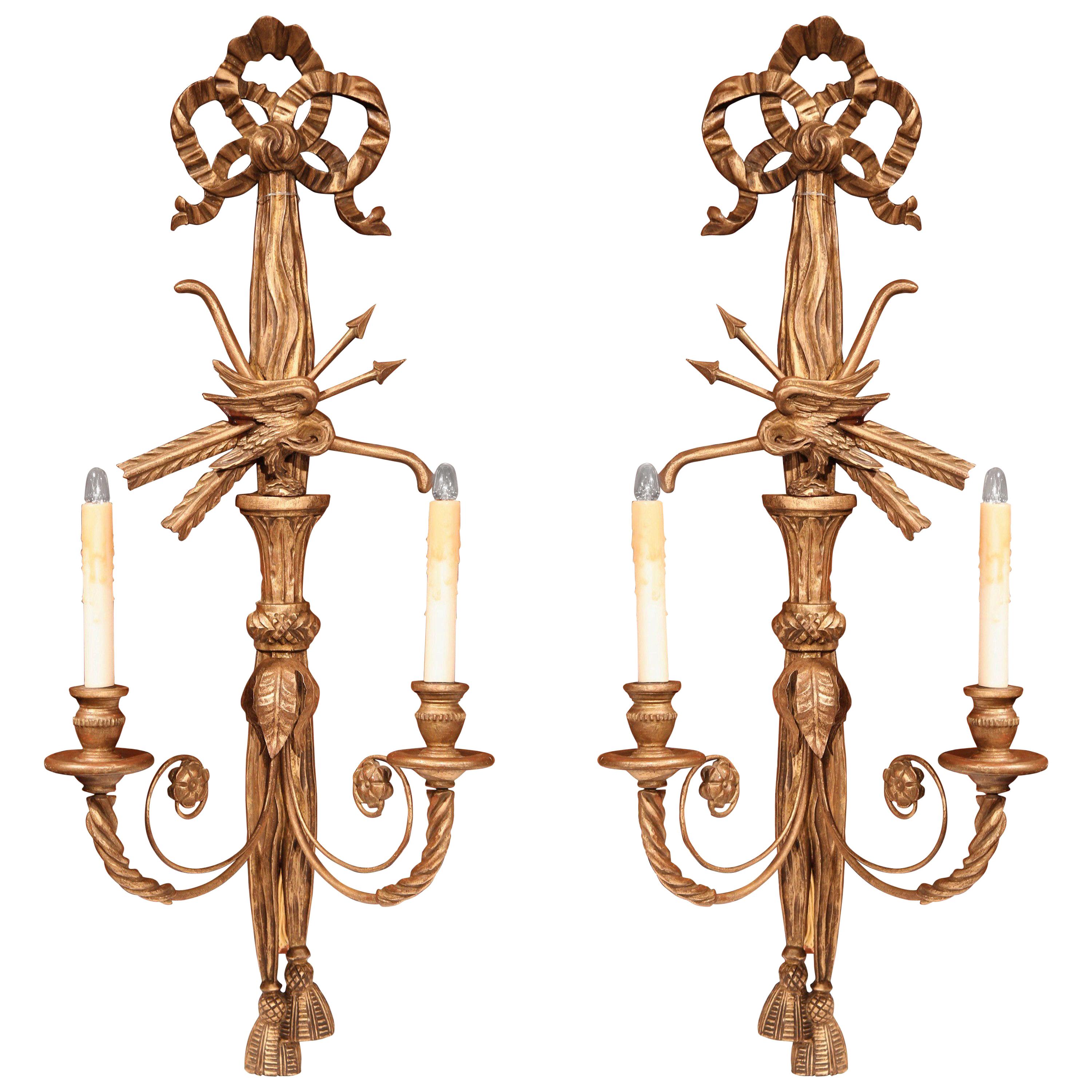 Pair of 19th Century French Louis XVI Carved Giltwood Two-Light Sconces