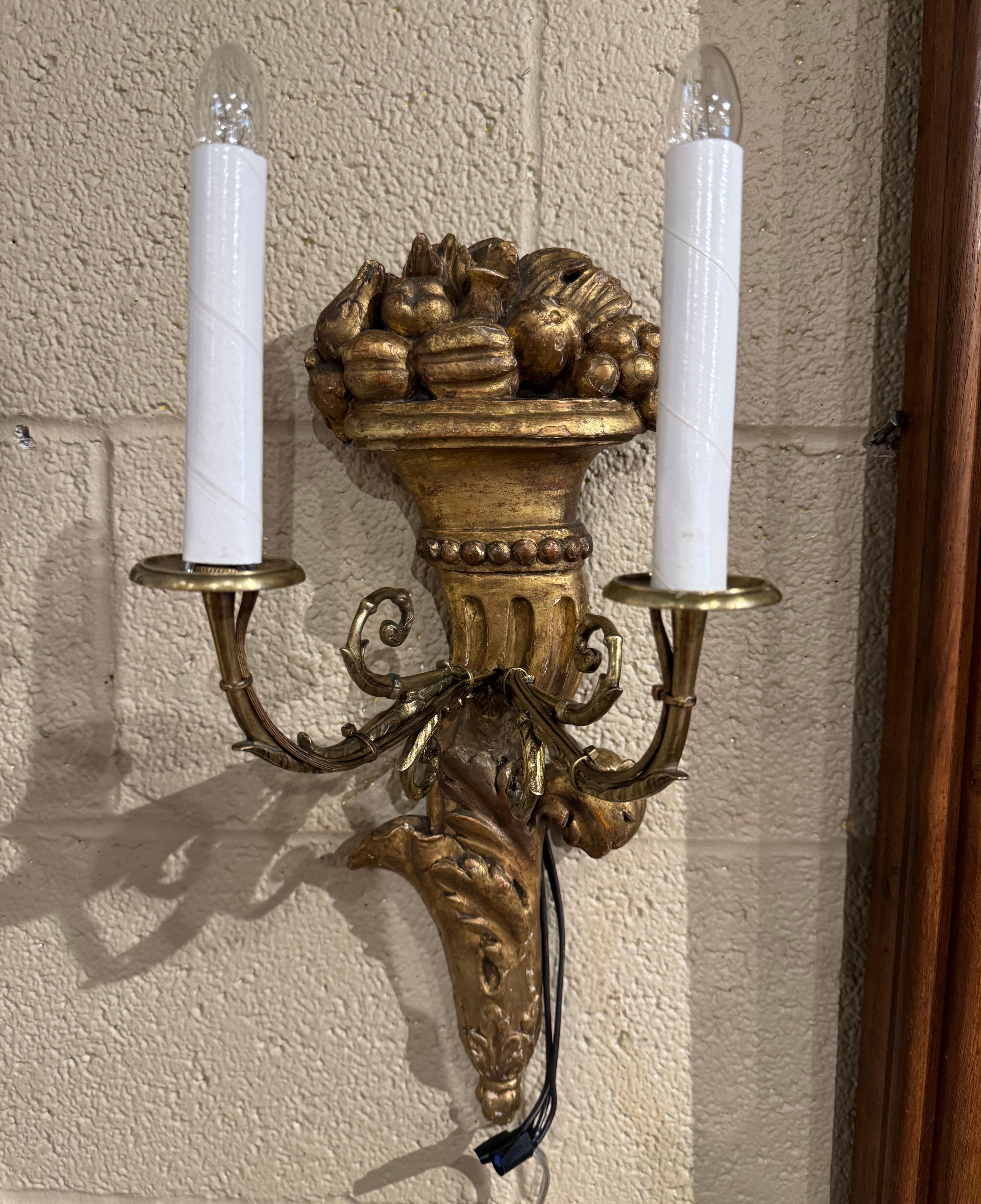 Pair of 19th Century French Louis XVI Carved Giltwood Two-Light Wall Sconces For Sale 2