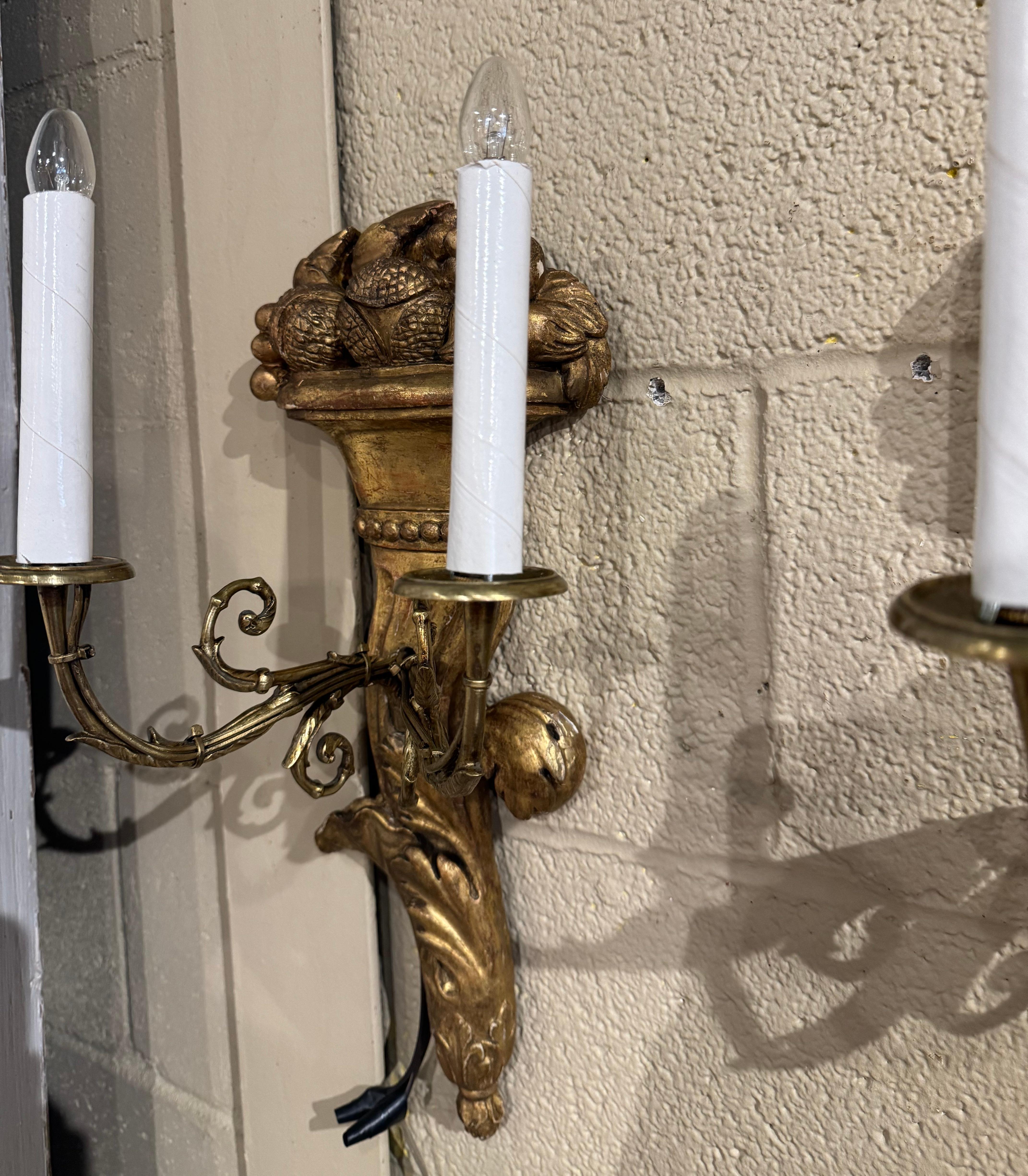 Pair of 19th Century French Louis XVI Carved Giltwood Two-Light Wall Sconces For Sale 5