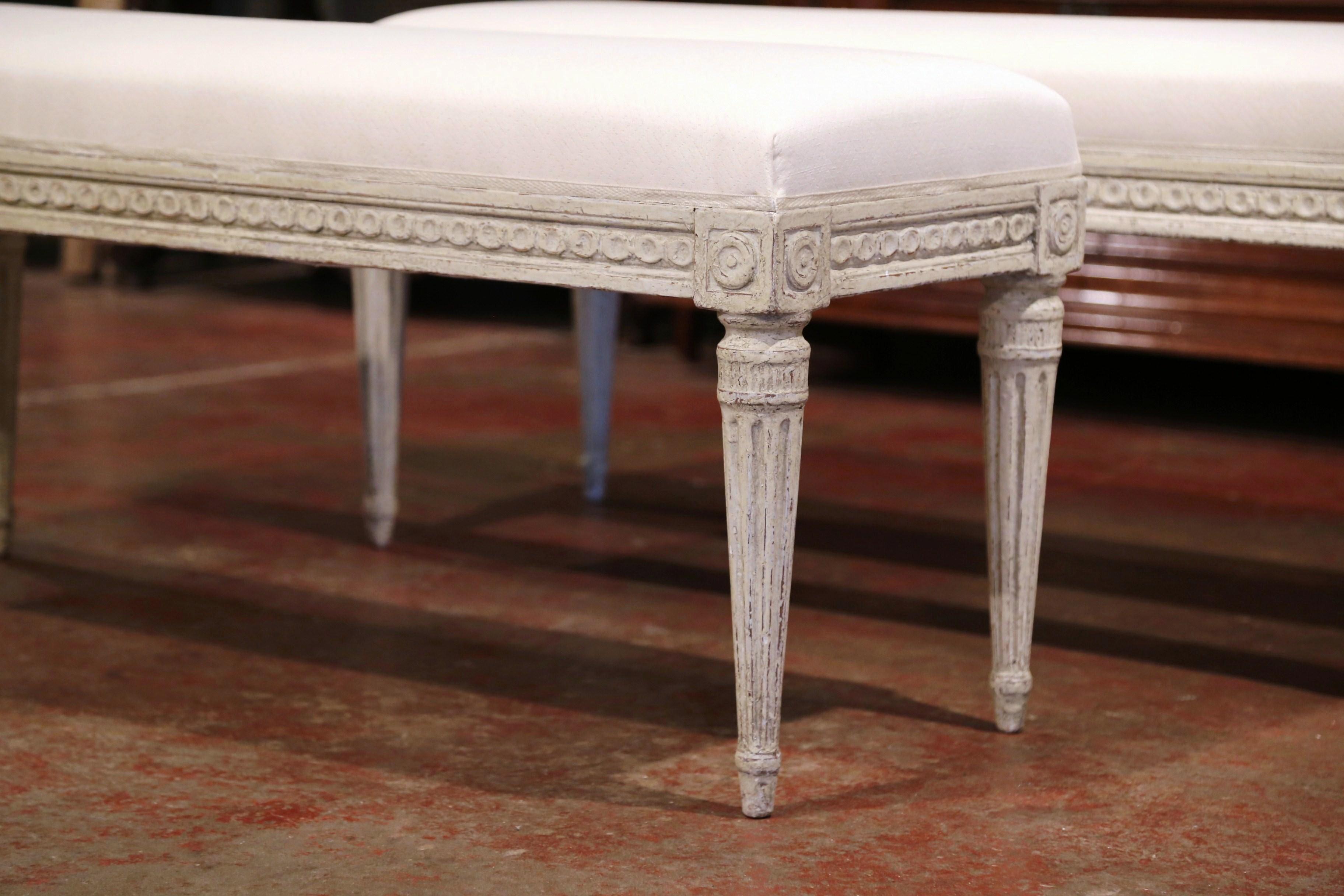 Hand-Carved Pair of 19th Century French Louis XVI Carved Grey Painted Upholstered Benches