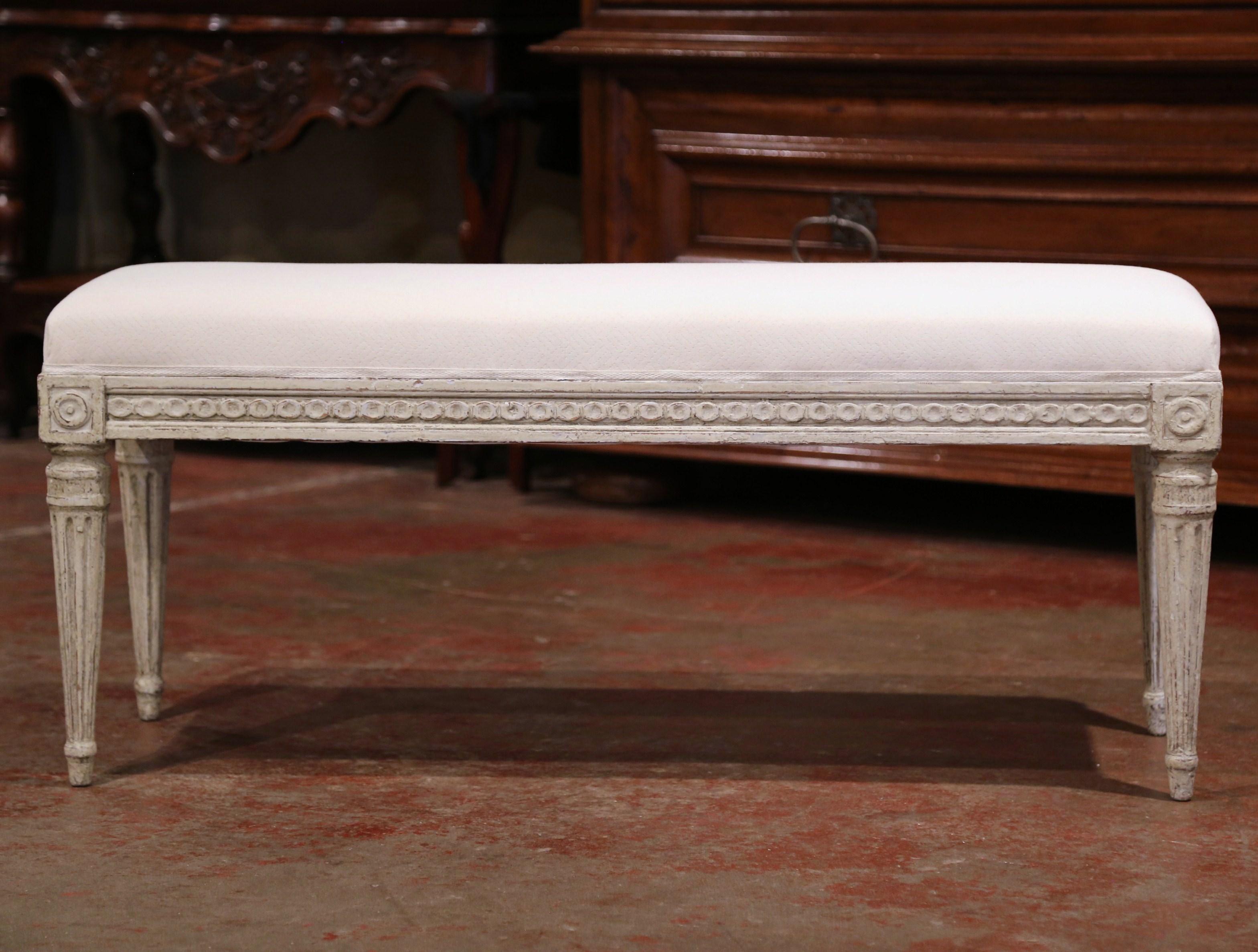 Fabric Pair of 19th Century French Louis XVI Carved Grey Painted Upholstered Benches