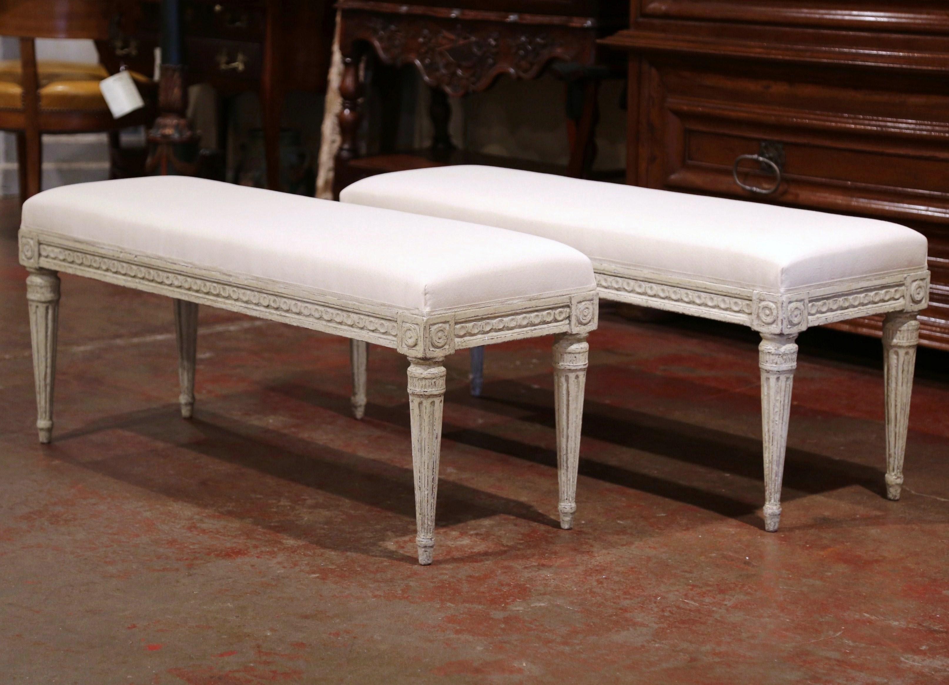 Pair of 19th Century French Louis XVI Carved Grey Painted Upholstered Benches 1