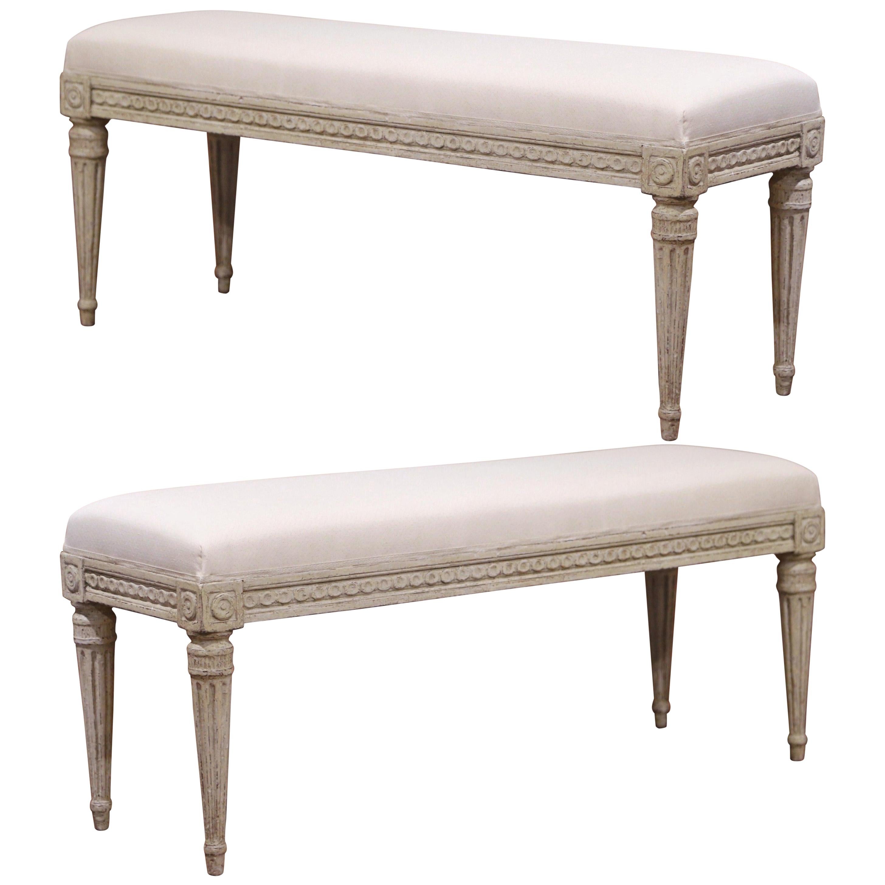 Pair of 19th Century French Louis XVI Carved Grey Painted Upholstered Benches