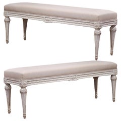 Pair of 19th Century French Louis XVI Carved Grey Painted Upholstered Benches