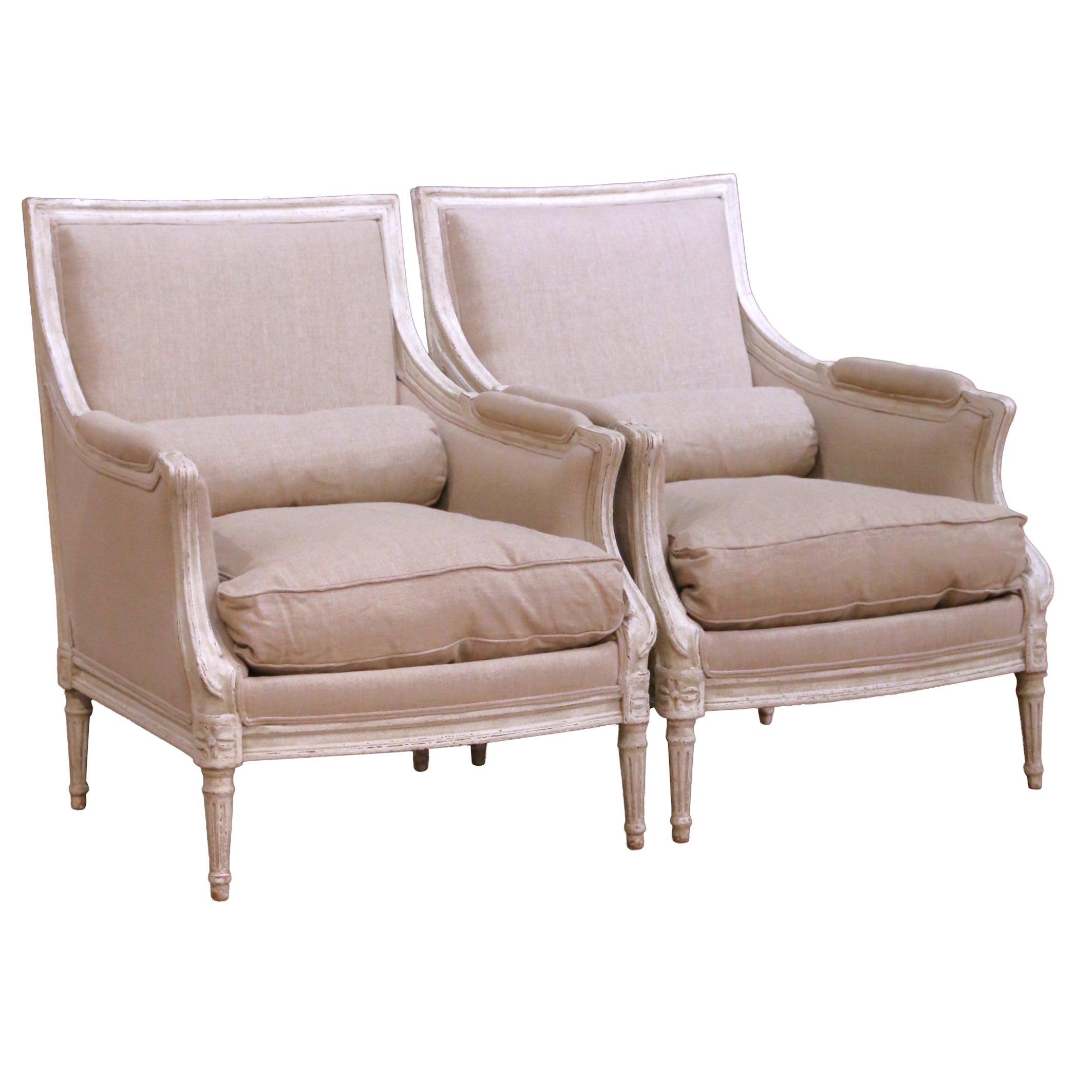 Pair of 19th Century French Louis XVI Carved Painted and Upholstered Armchairs For Sale