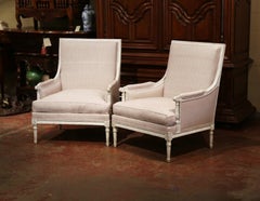 Pair of 19th Century French Louis XVI Carved Painted Armchairs with Beige Fabric