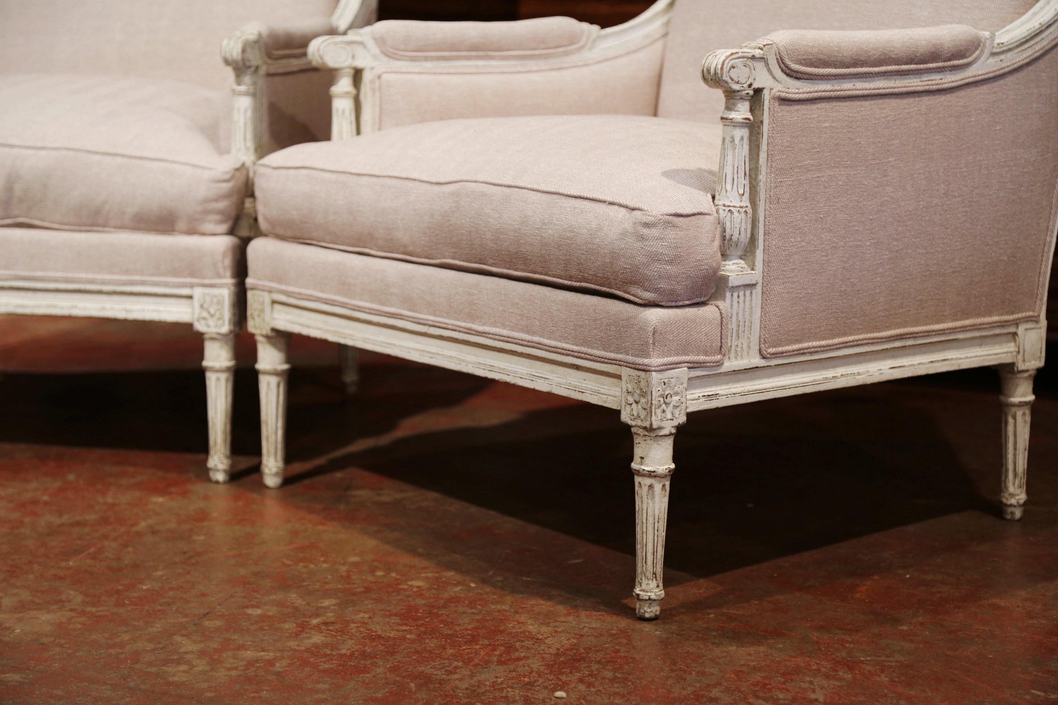 Pair of 19th Century French Louis XVI Carved Painted Armchairs with Beige Fabric In Excellent Condition In Dallas, TX
