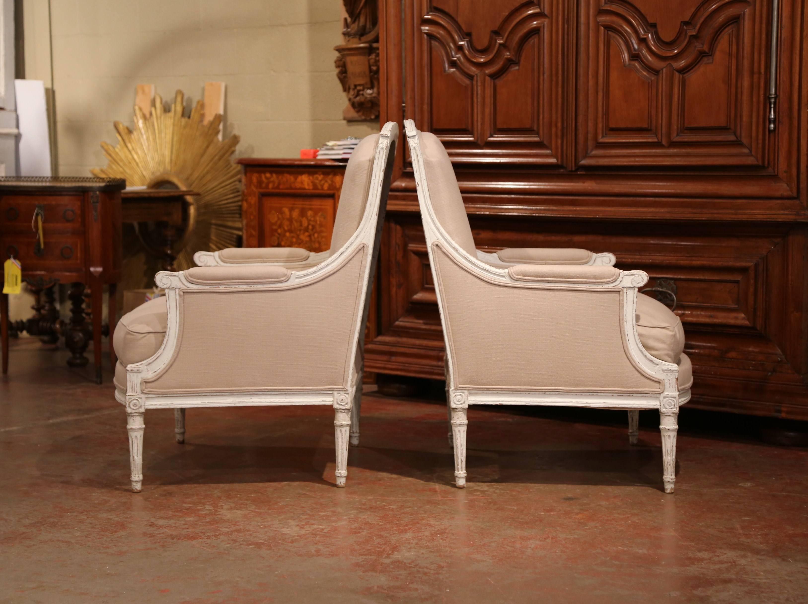 Pair of 19th Century French Louis XVI Carved Painted Armchairs with Beige Fabric 3