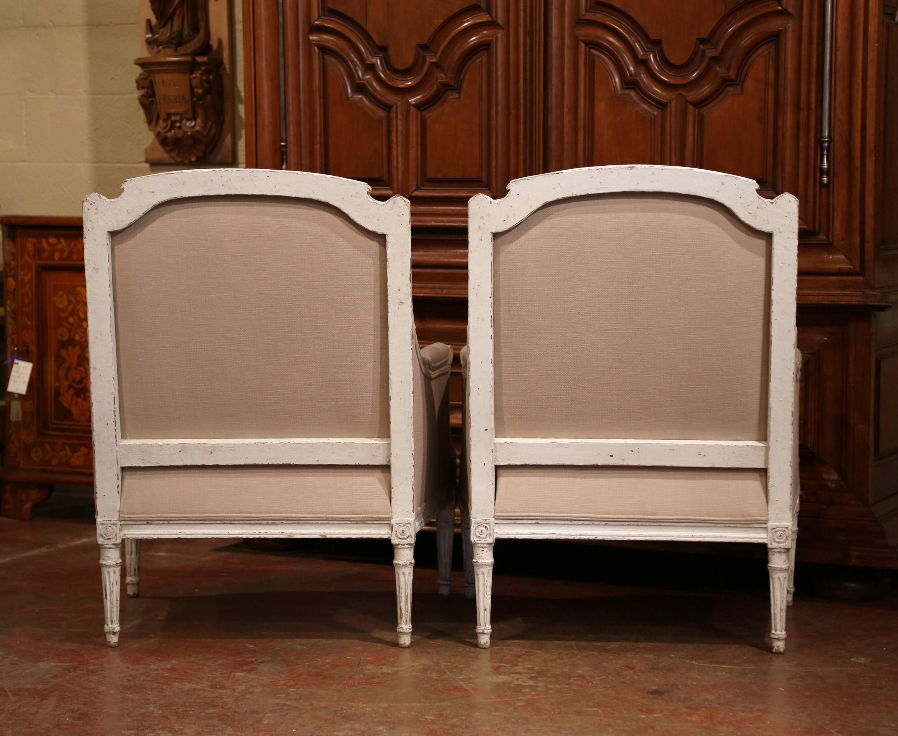 Pair of 19th Century French Louis XVI Carved Painted Armchairs with Beige Fabric 4