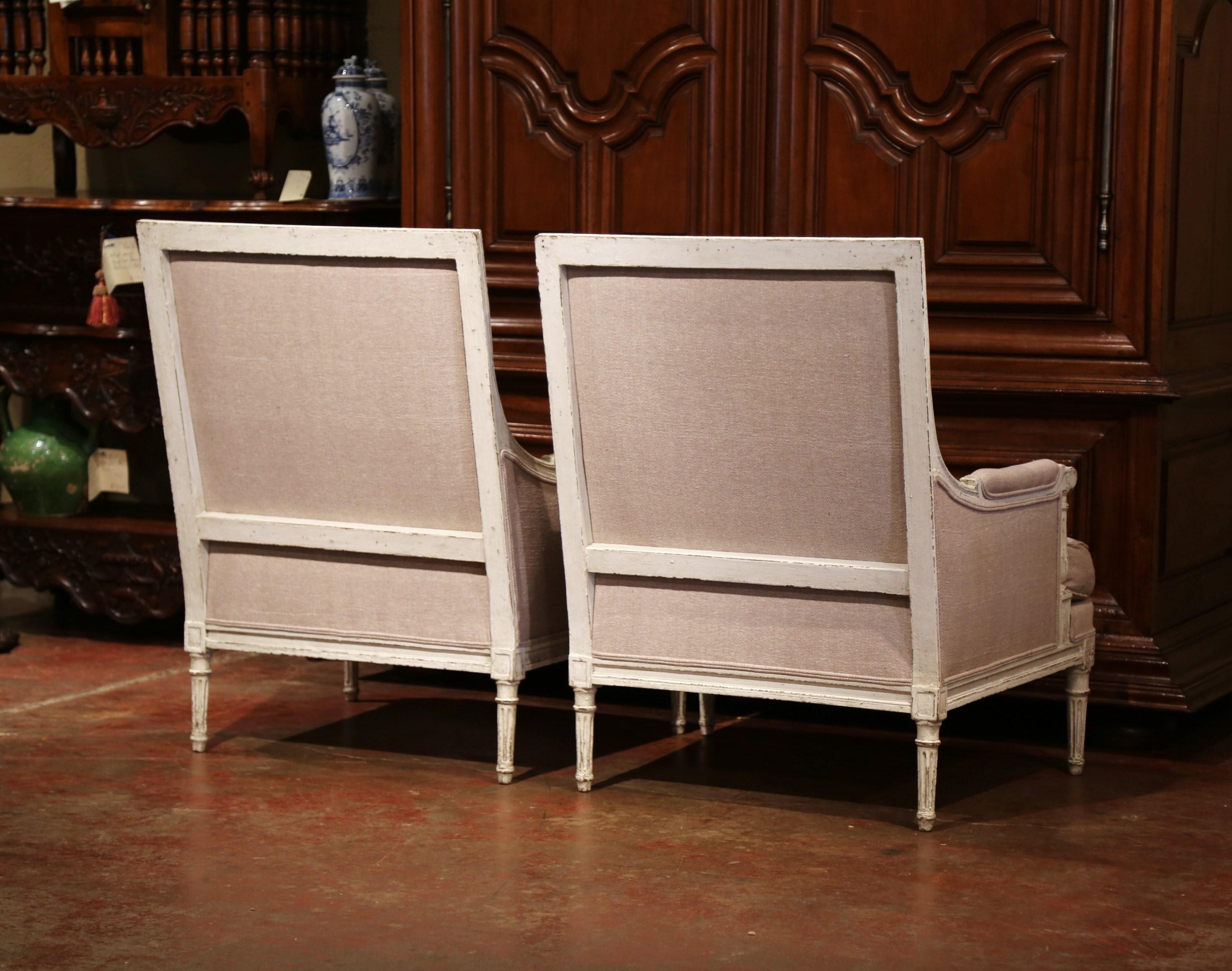 Pair of 19th Century French Louis XVI Carved Painted Armchairs with Beige Fabric 3