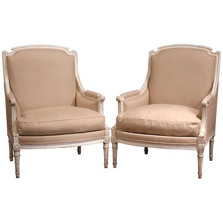 Pair of 19th Century French Louis XVI Carved Painted Armchairs with ...