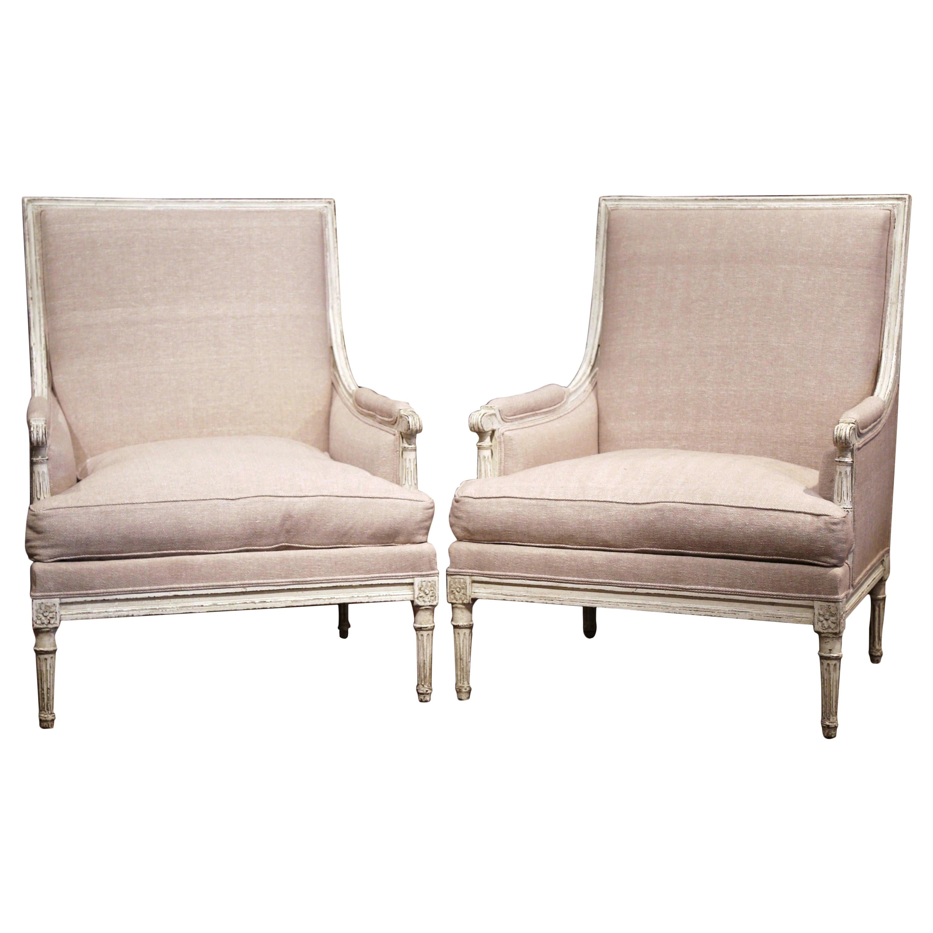 Pair of 19th Century French Louis XVI Carved Painted Armchairs with Beige Fabric