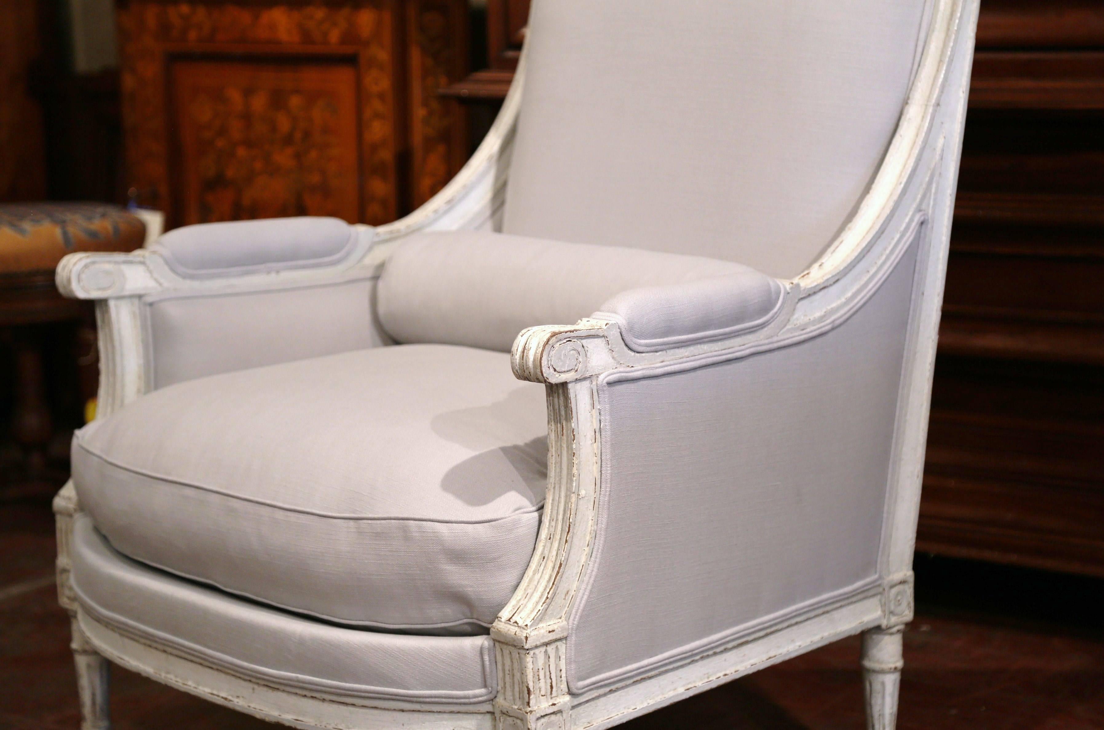 Hand-Carved Pair of 19th Century French Louis XVI Carved Painted Armchairs with Grey Fabric