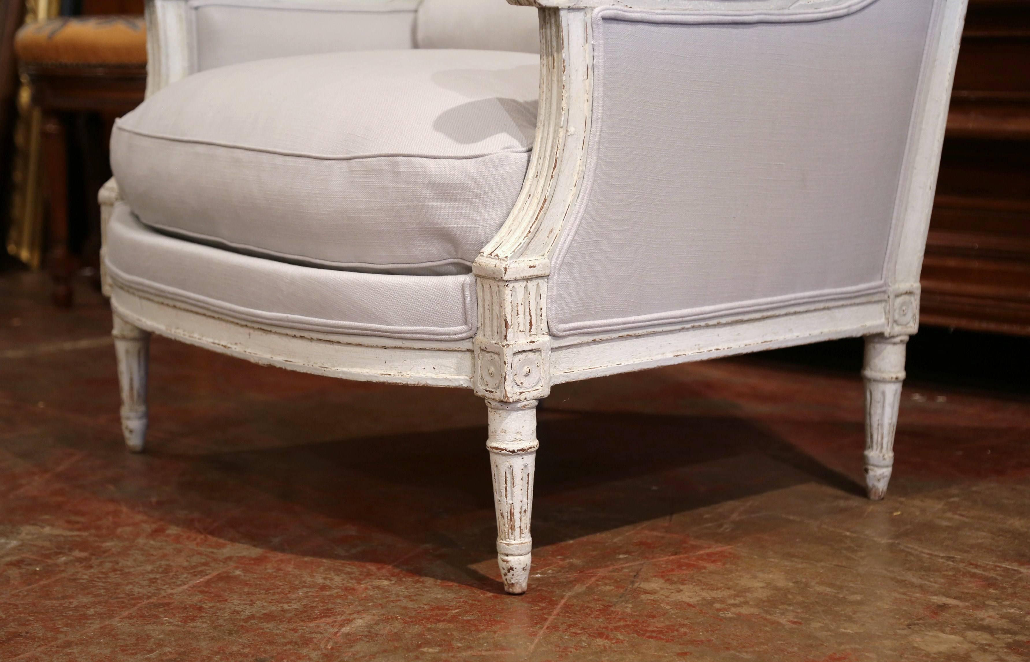 Pair of 19th Century French Louis XVI Carved Painted Armchairs with Grey Fabric In Excellent Condition In Dallas, TX