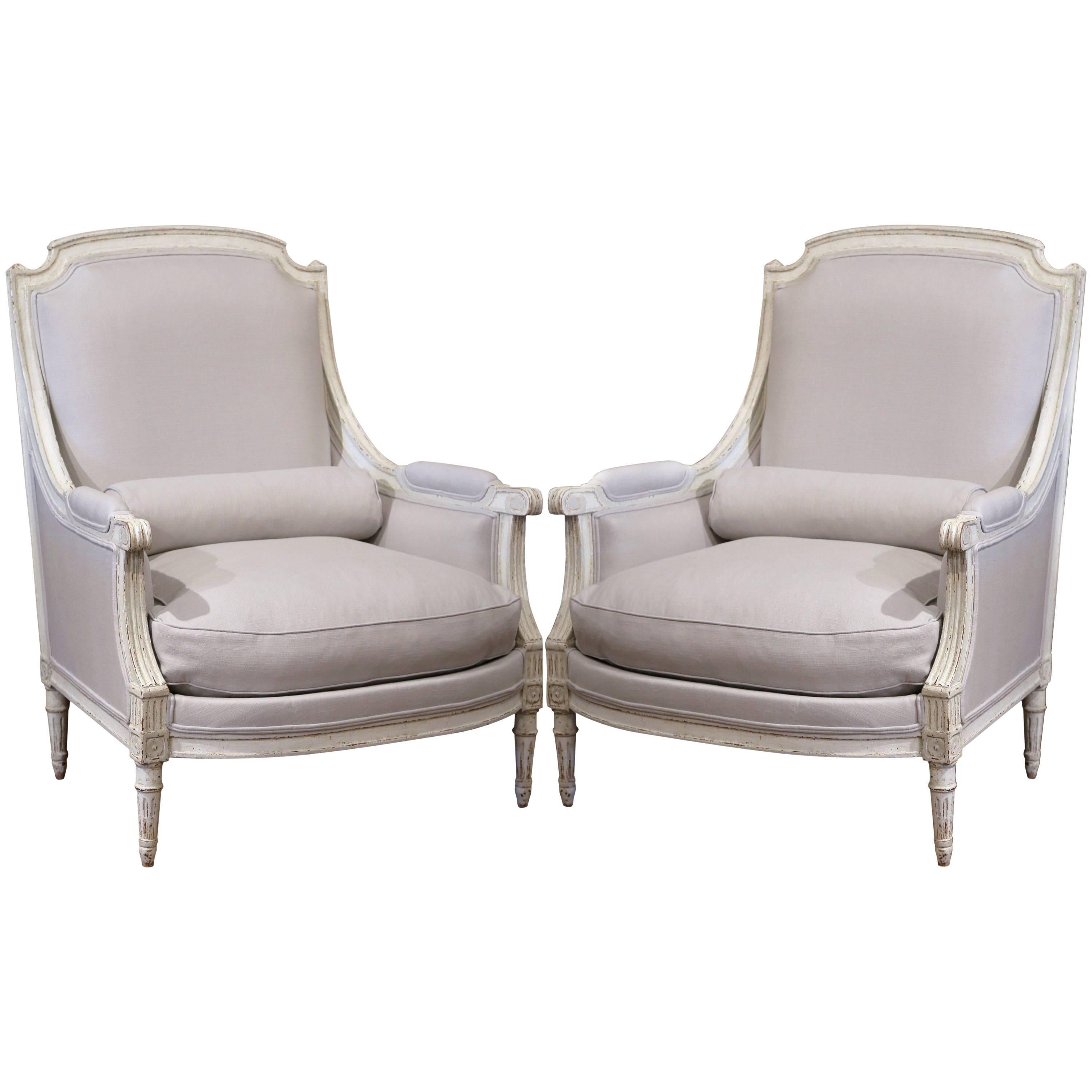 Pair of 19th Century French Louis XVI Carved Painted Armchairs with Grey Fabric