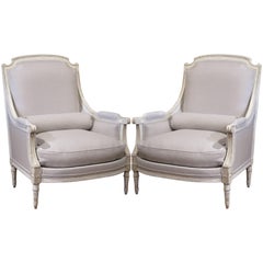 Pair of 19th Century French Louis XVI Carved Painted Armchairs with Grey Fabric