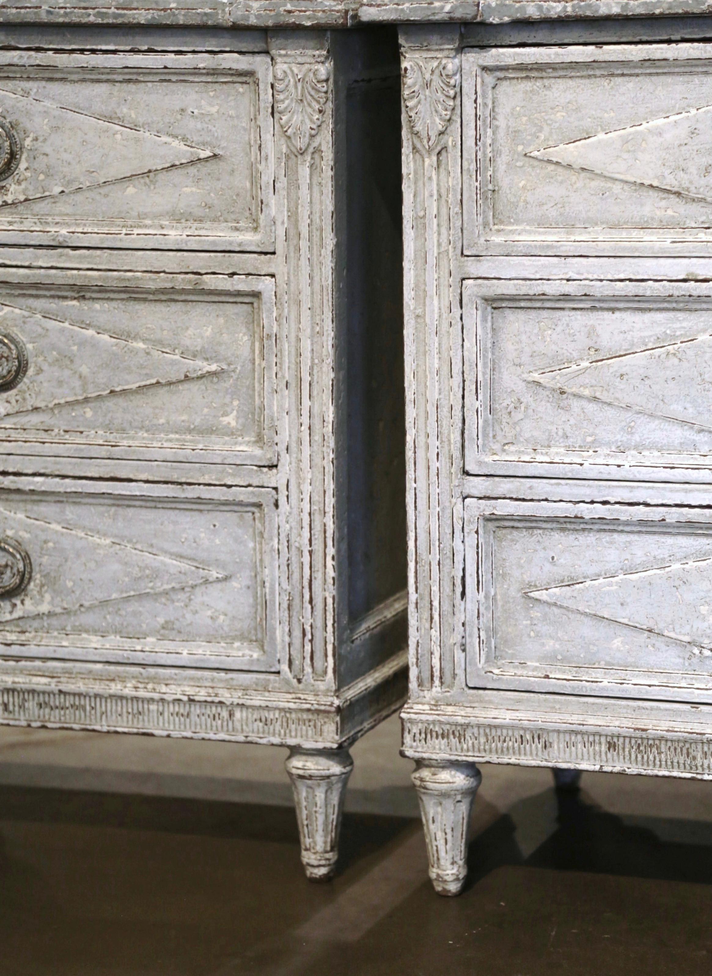 Pair of 19th Century French Louis XVI Carved Painted Chests of Drawers For Sale 3