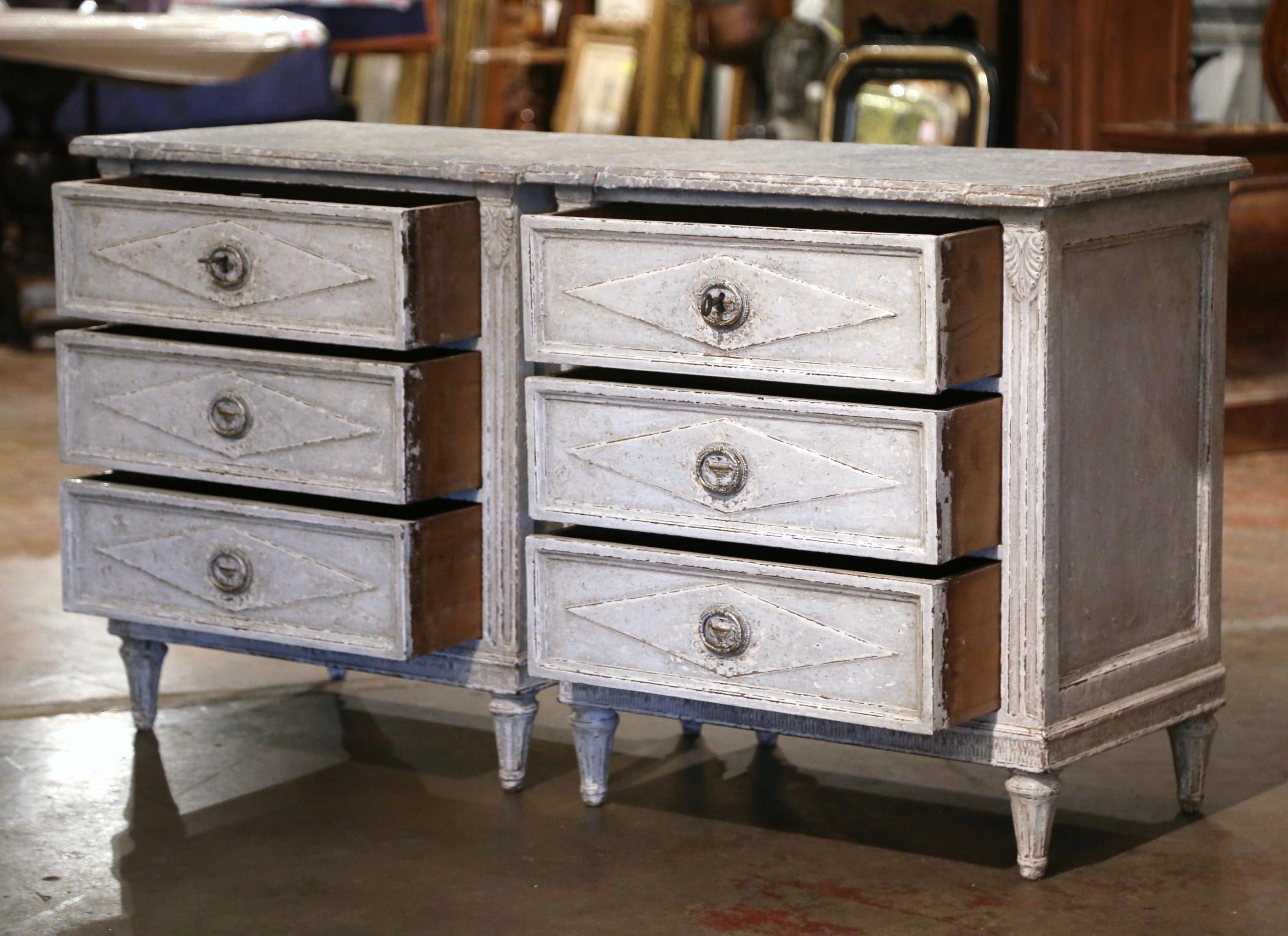Pair of 19th Century French Louis XVI Carved Painted Chests of Drawers For Sale 4