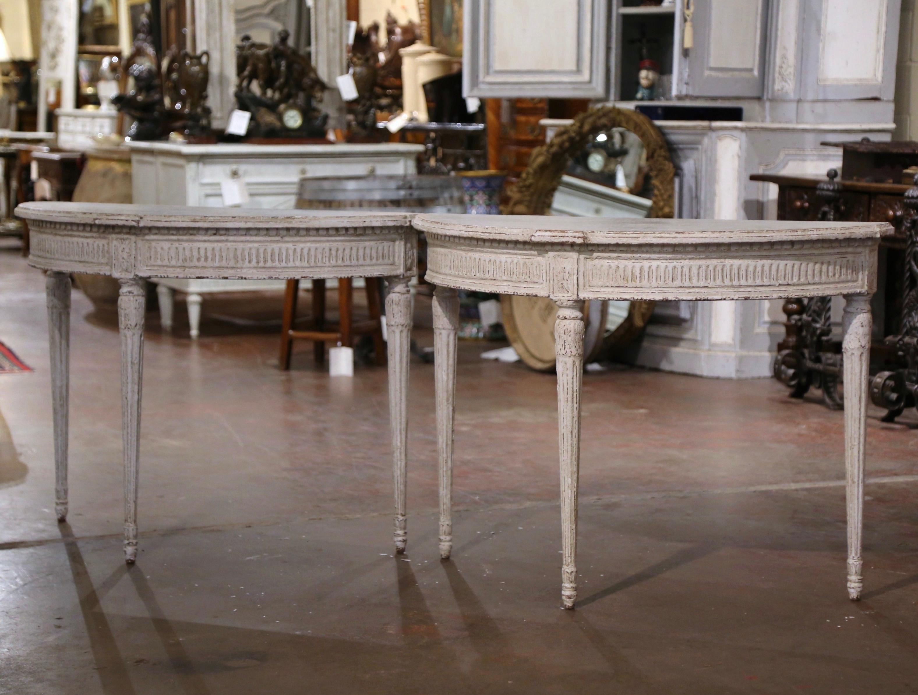 Pair of 19th Century French Louis XVI Carved Painted Demilune Console Tables 5